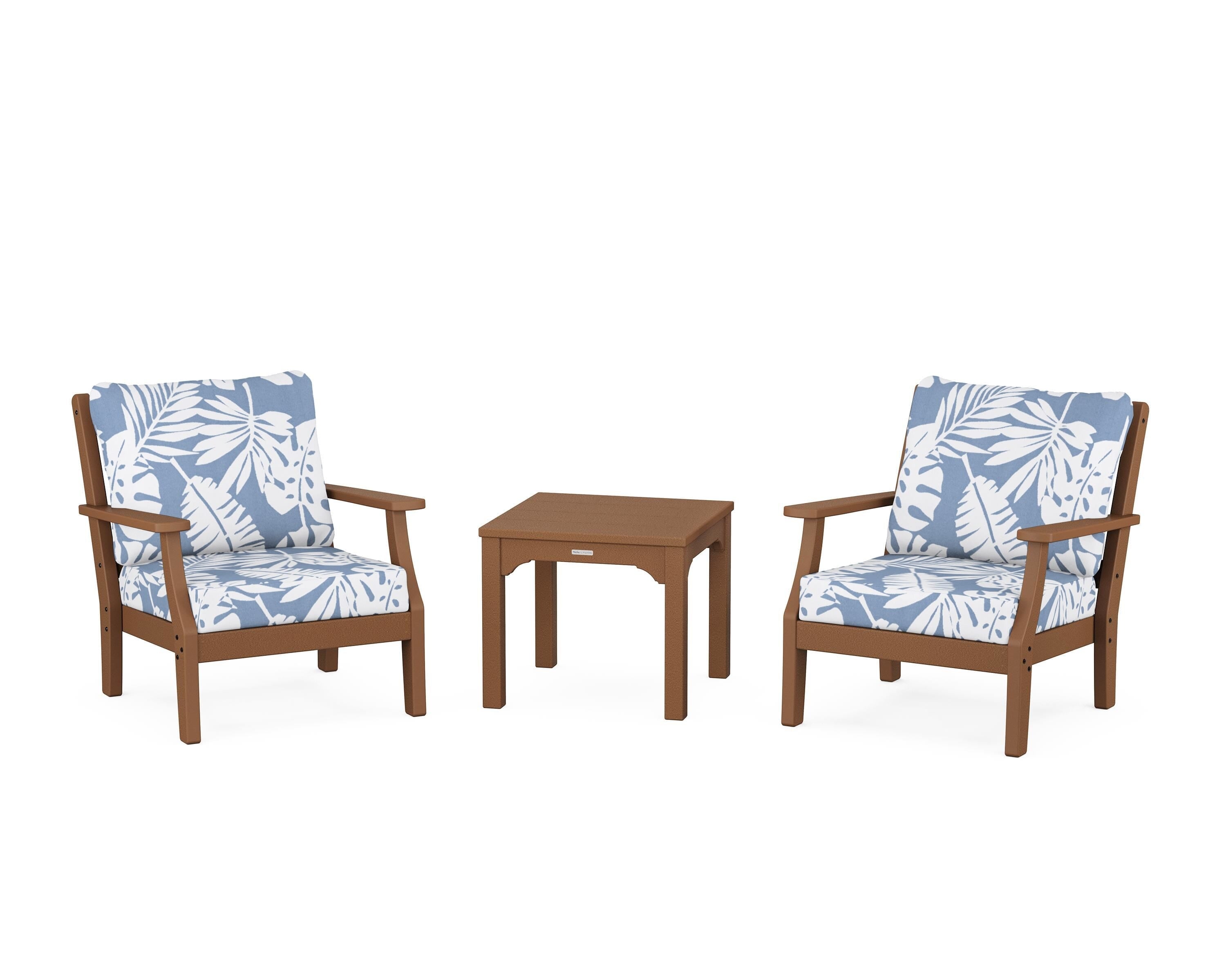 Martha Stewart by POLYWOOD Chinoiserie 3-Piece Deep Seating Set in Teak / Leaf Sky Blue