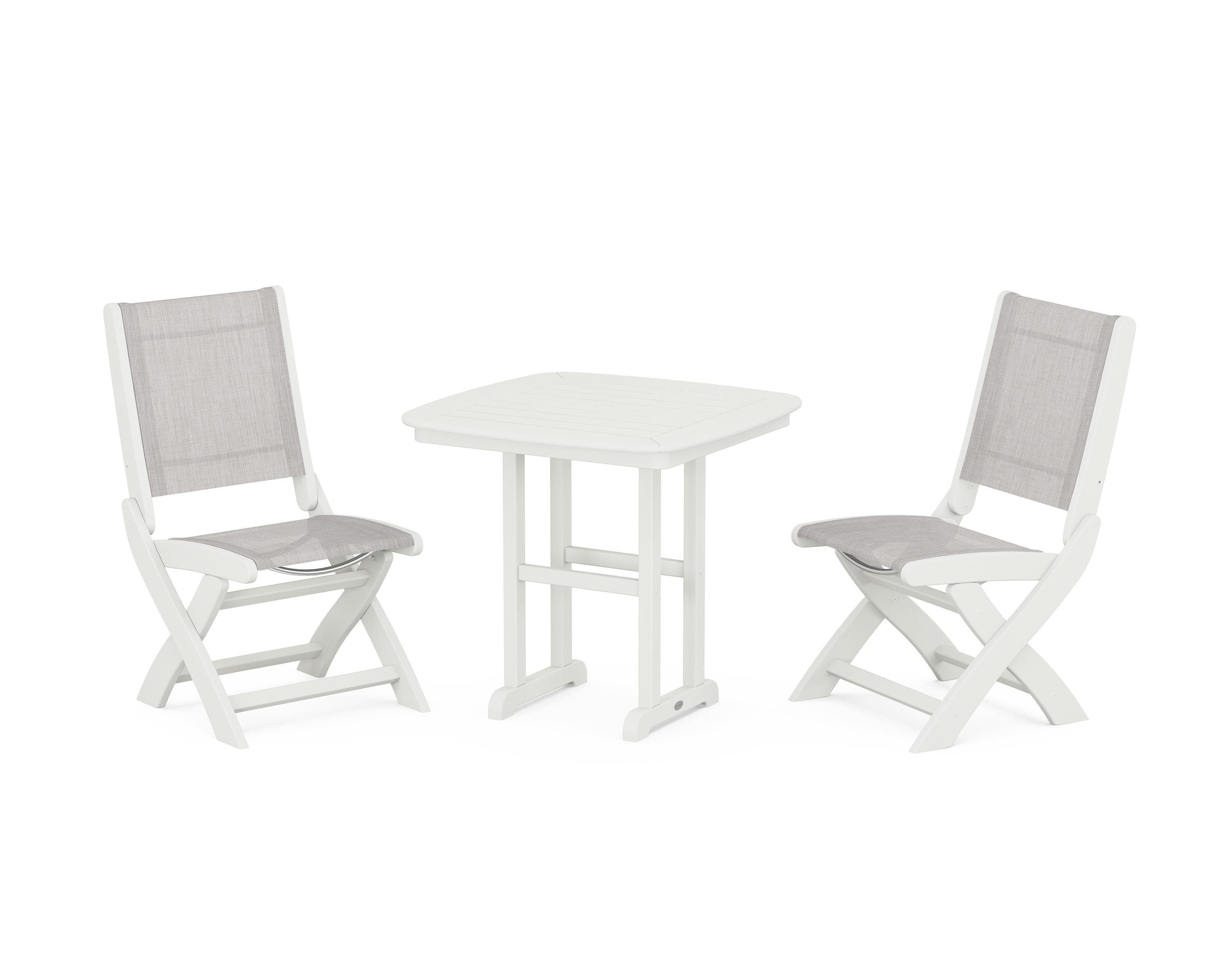 POLYWOOD Coastal Folding Side Chair 3-Piece Dining Set in Vintage White / Parchment Sling