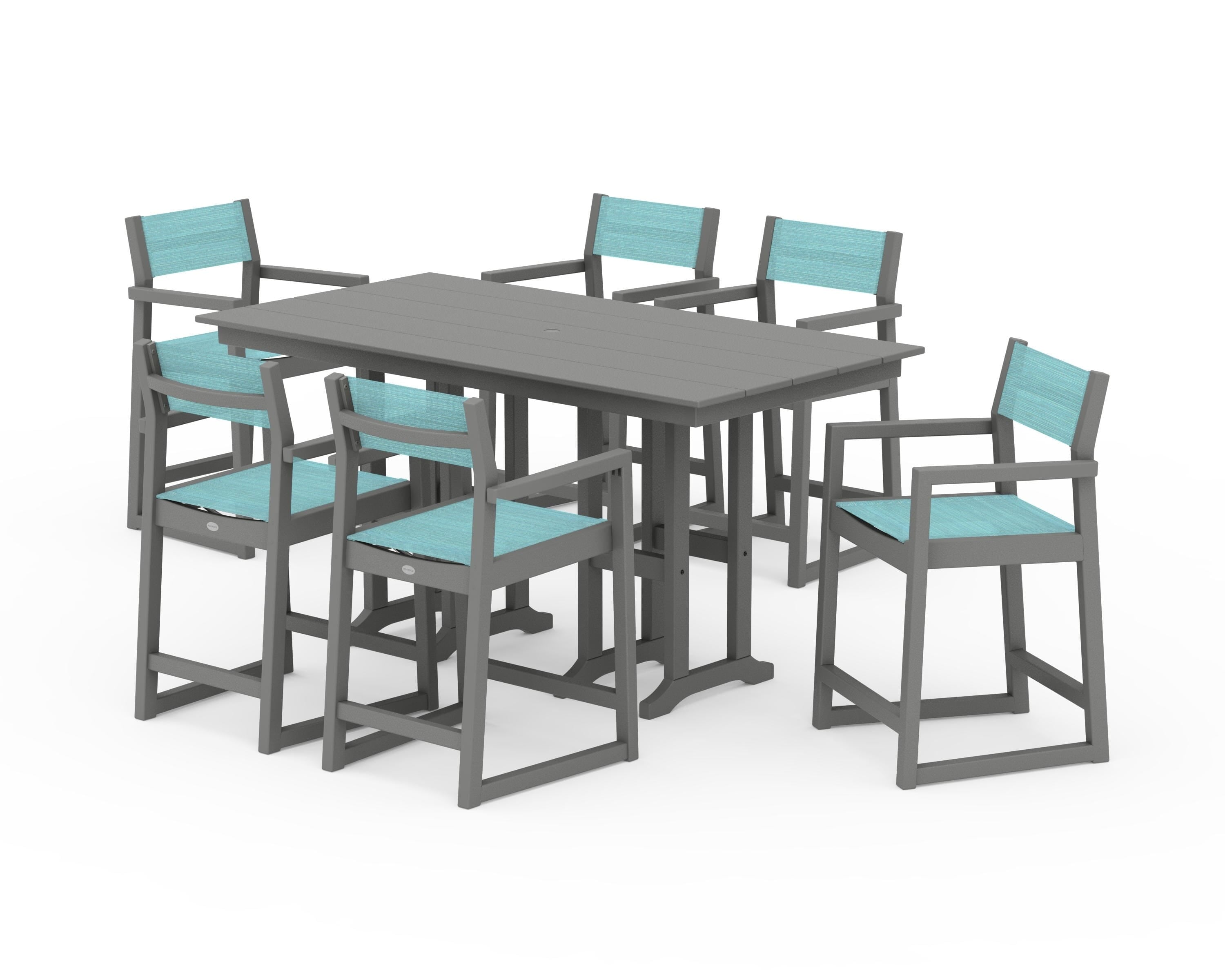 POLYWOOD EDGE Sling Arm Chair 7-Piece Farmhouse Counter Set in Slate Grey / Dupioni Aquamarine Sling