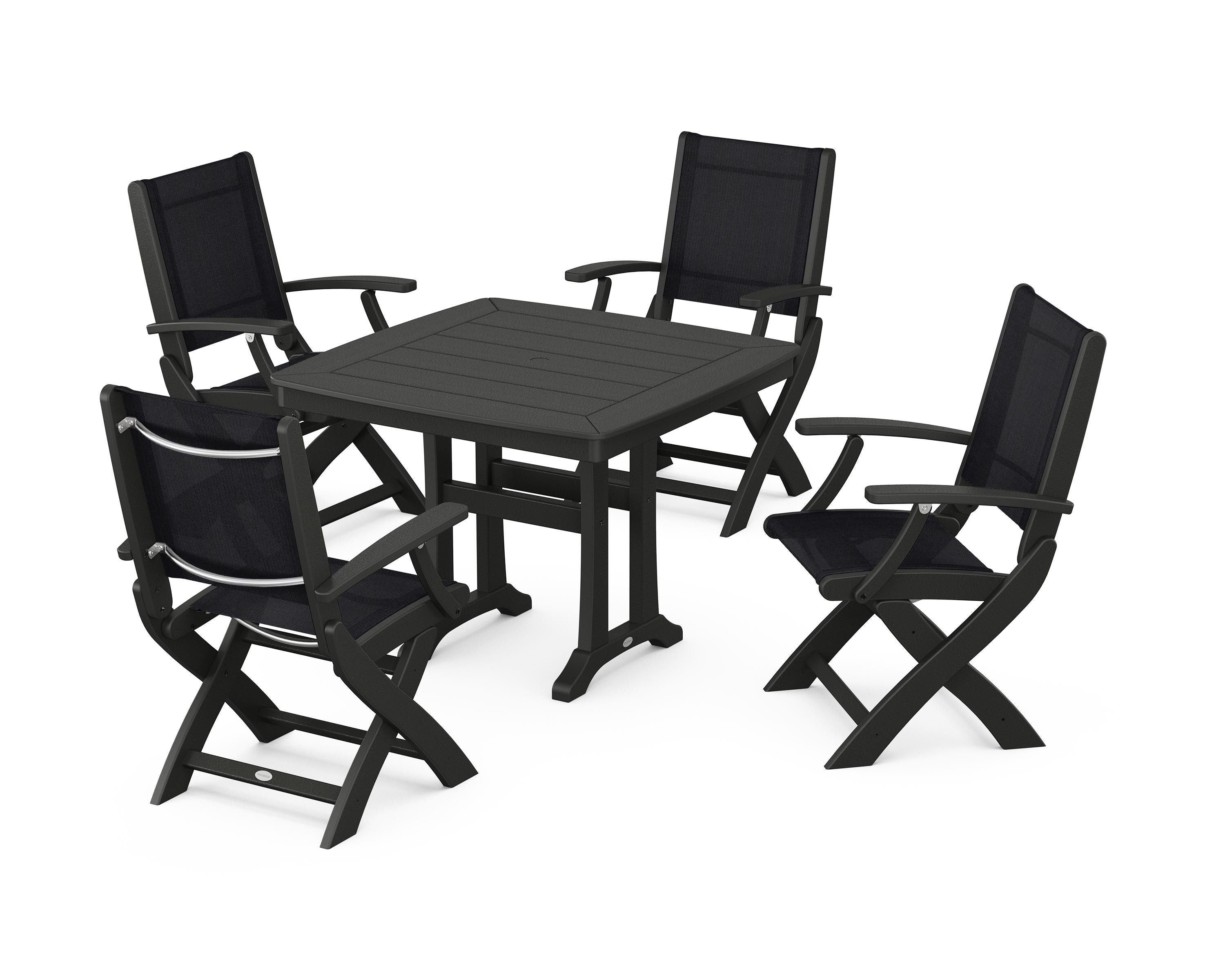 POLYWOOD Coastal Folding Chair 5-Piece Dining Set with Trestle Legs in Black / Black Sling