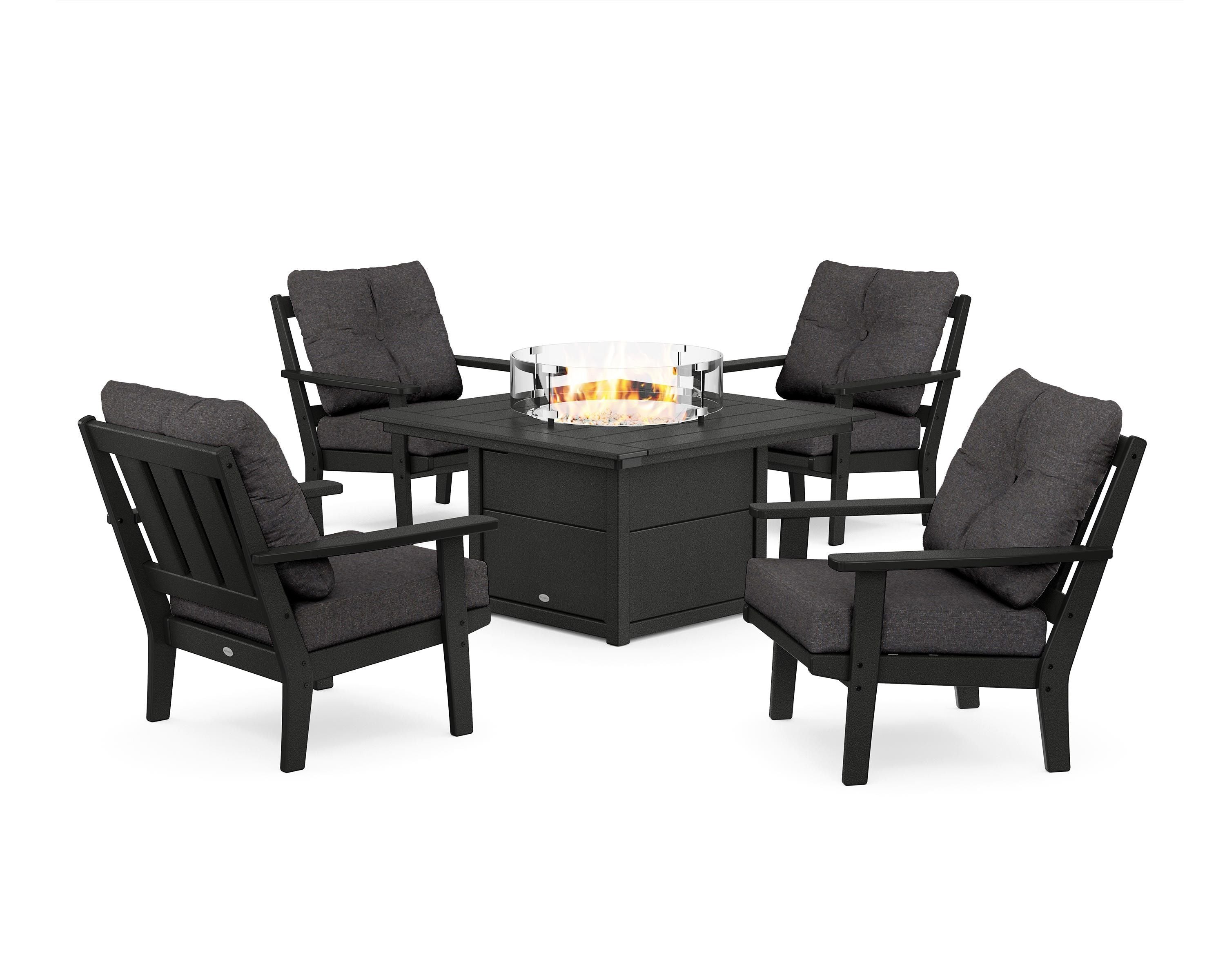POLYWOOD Oxford 5-Piece Deep Seating Set with Fire Pit Table in Black / Ash Charcoal