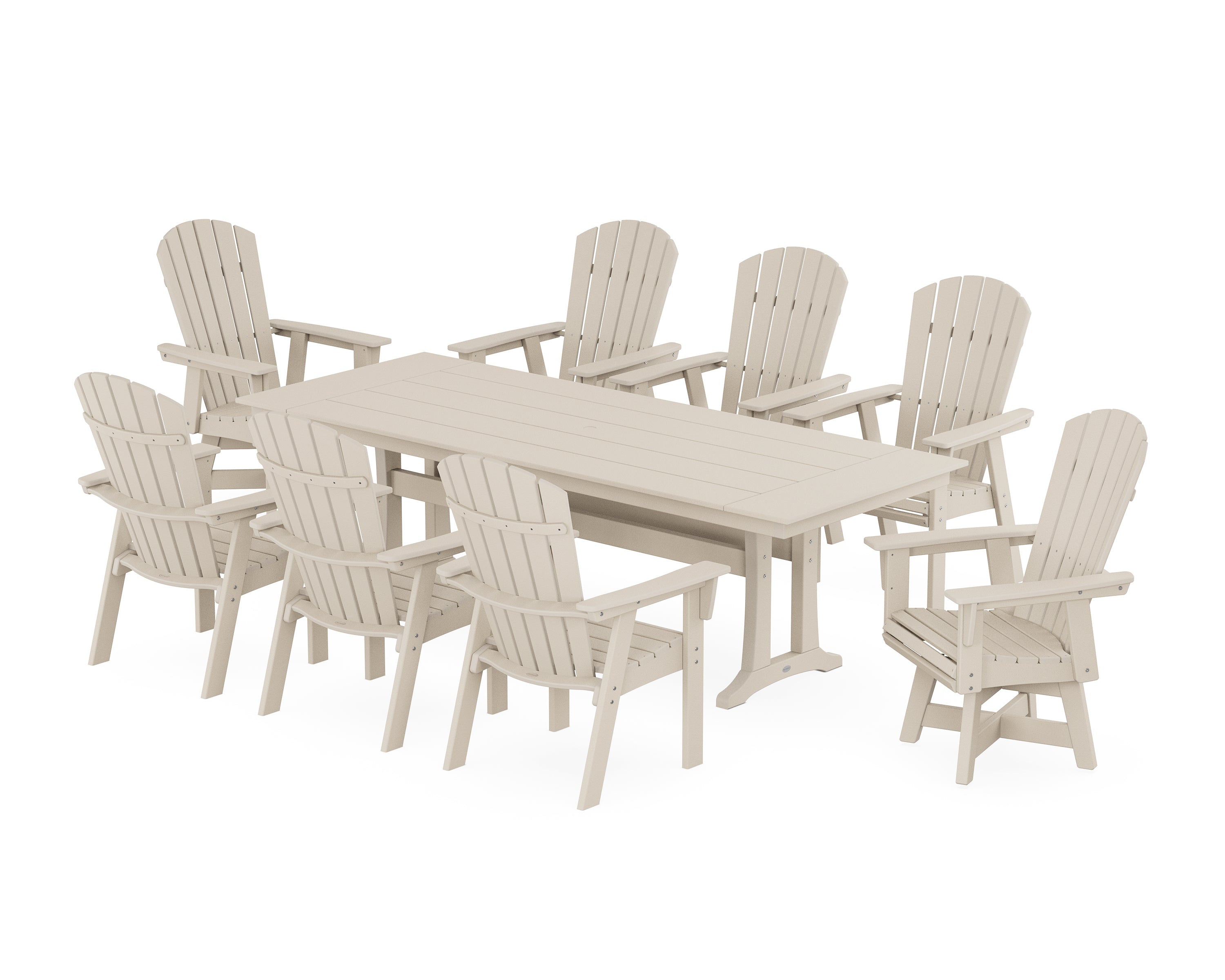 POLYWOOD® Nautical Curveback Adirondack Swivel 9-Piece Farmhouse Dining Set with Trestle Legs in Sand