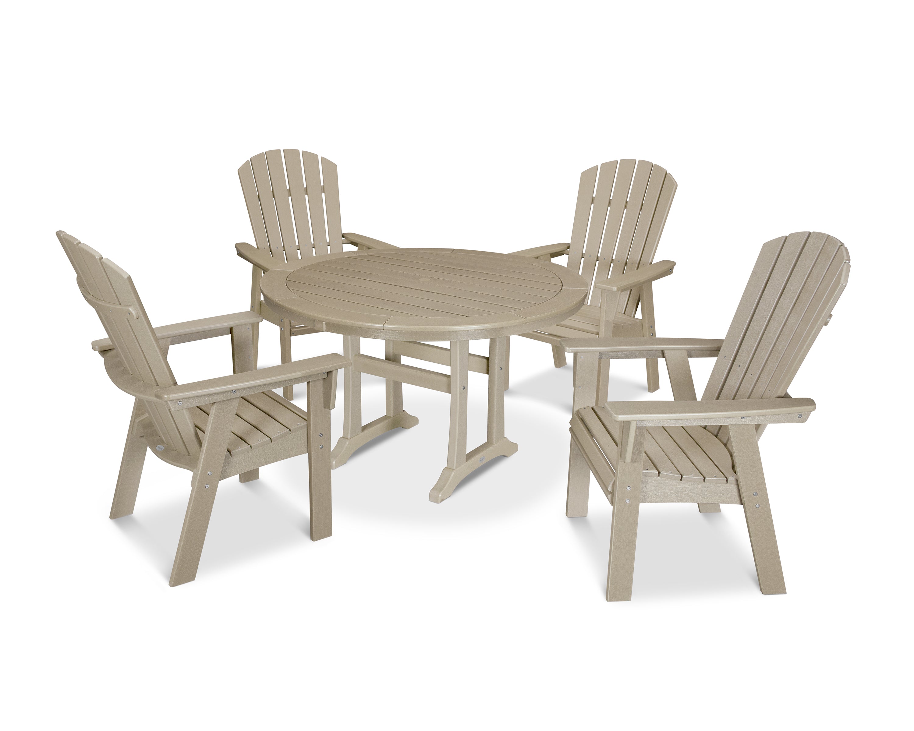 POLYWOOD® Nautical Curveback Adirondack 5-Piece Round Dining Set with Trestle Legs in Vintage Sahara