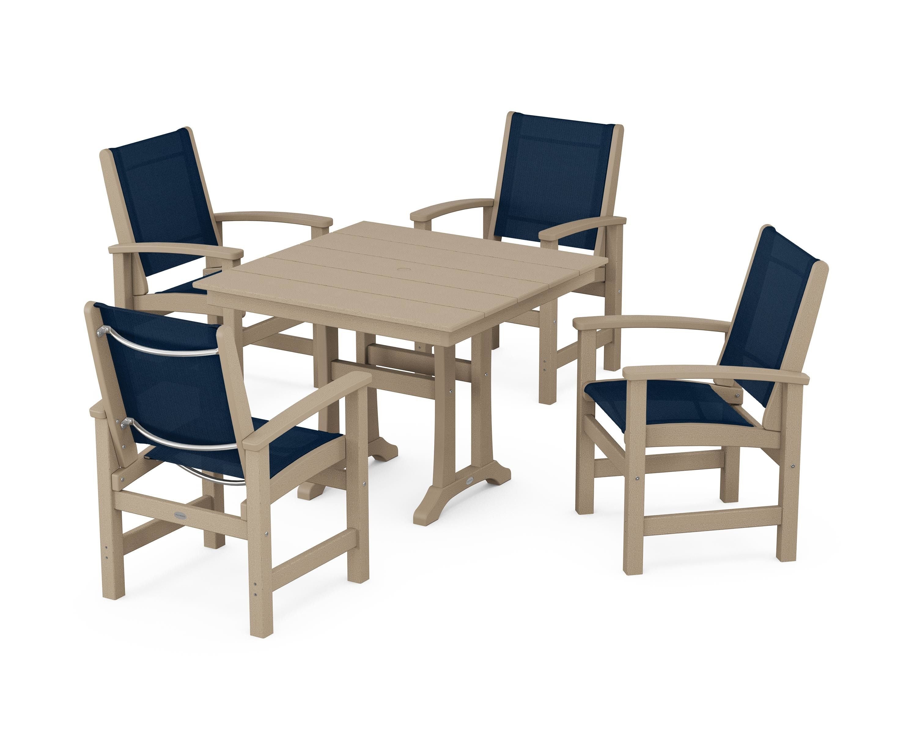 POLYWOOD Coastal 5-Piece Farmhouse Dining Set With Trestle Legs in Vintage Sahara / Navy Blue Sling