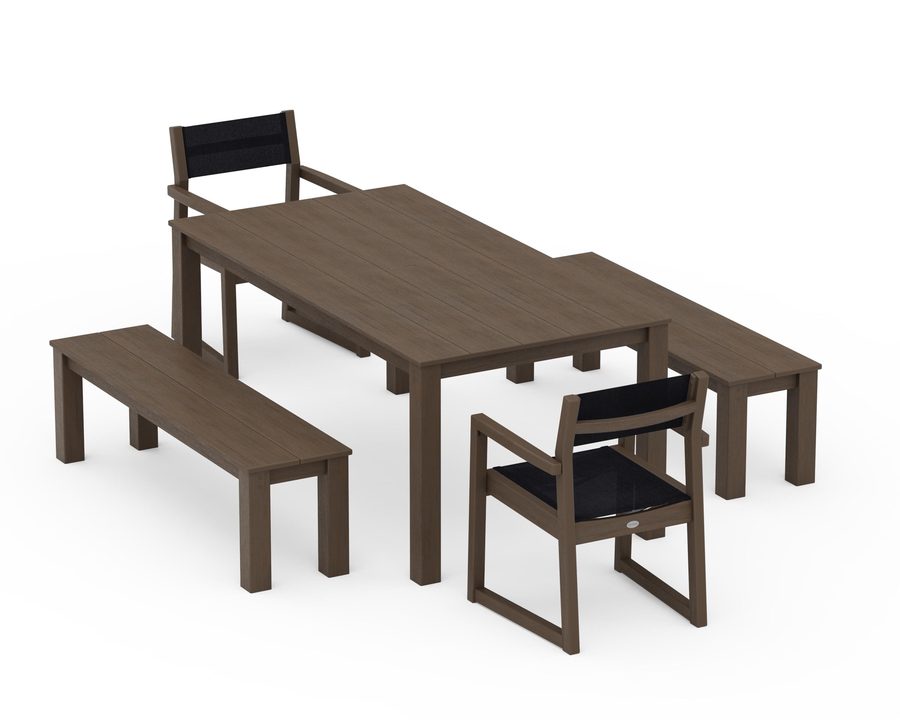 POLYWOOD EDGE Sling Arm Chair 5-Piece Parsons Dining Set with Benches in Kona / Black Sling