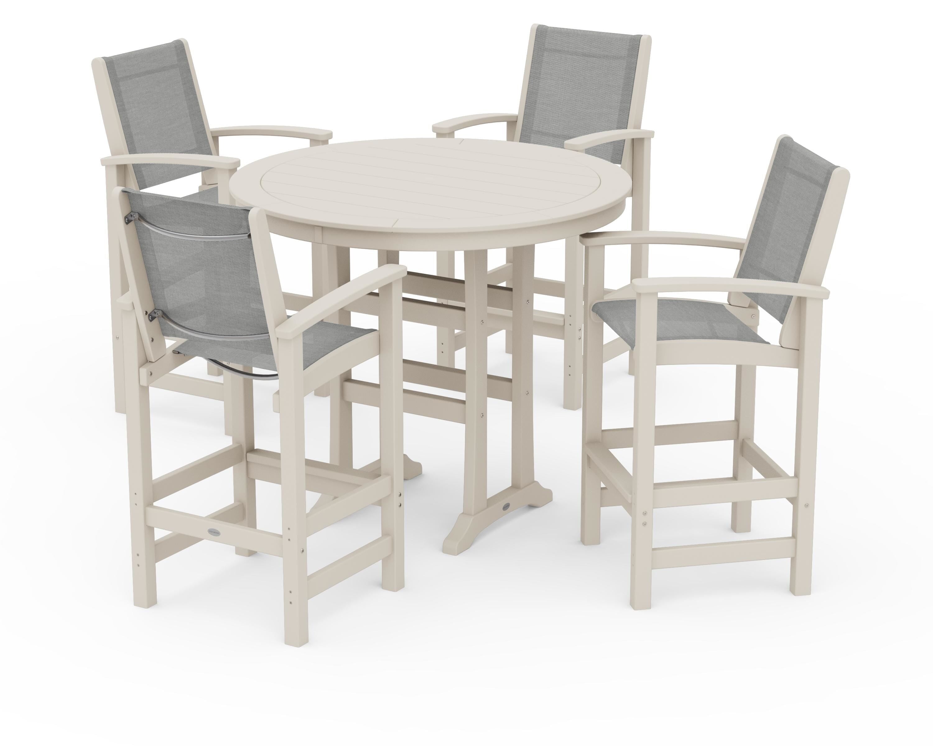 POLYWOOD Coastal 5-Piece Nautical Trestle Bar Set in Sand / Metallic Sling