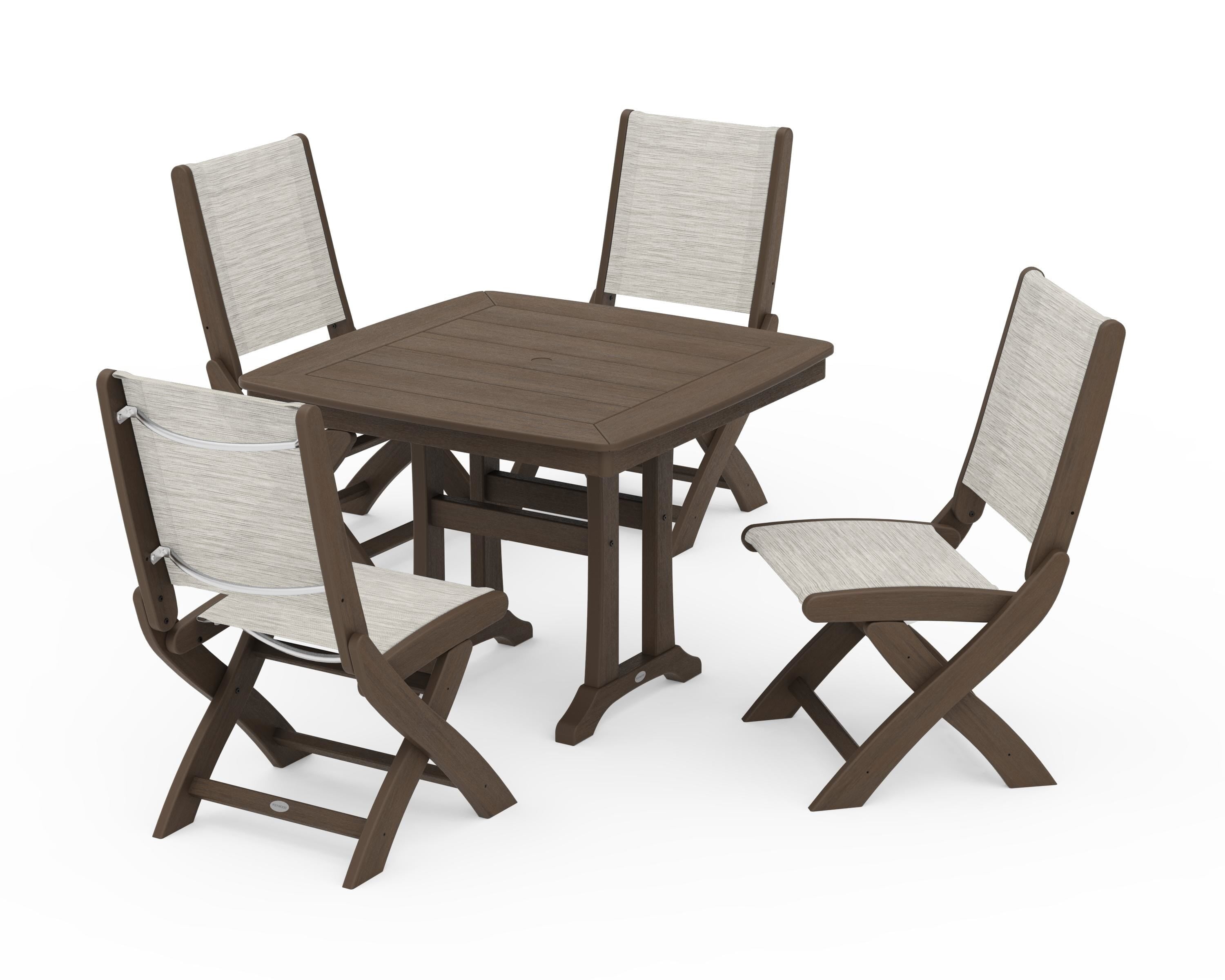 POLYWOOD Coastal Folding Side Chair 5-Piece Dining Set with Trestle Legs in Kona / Birch Sling