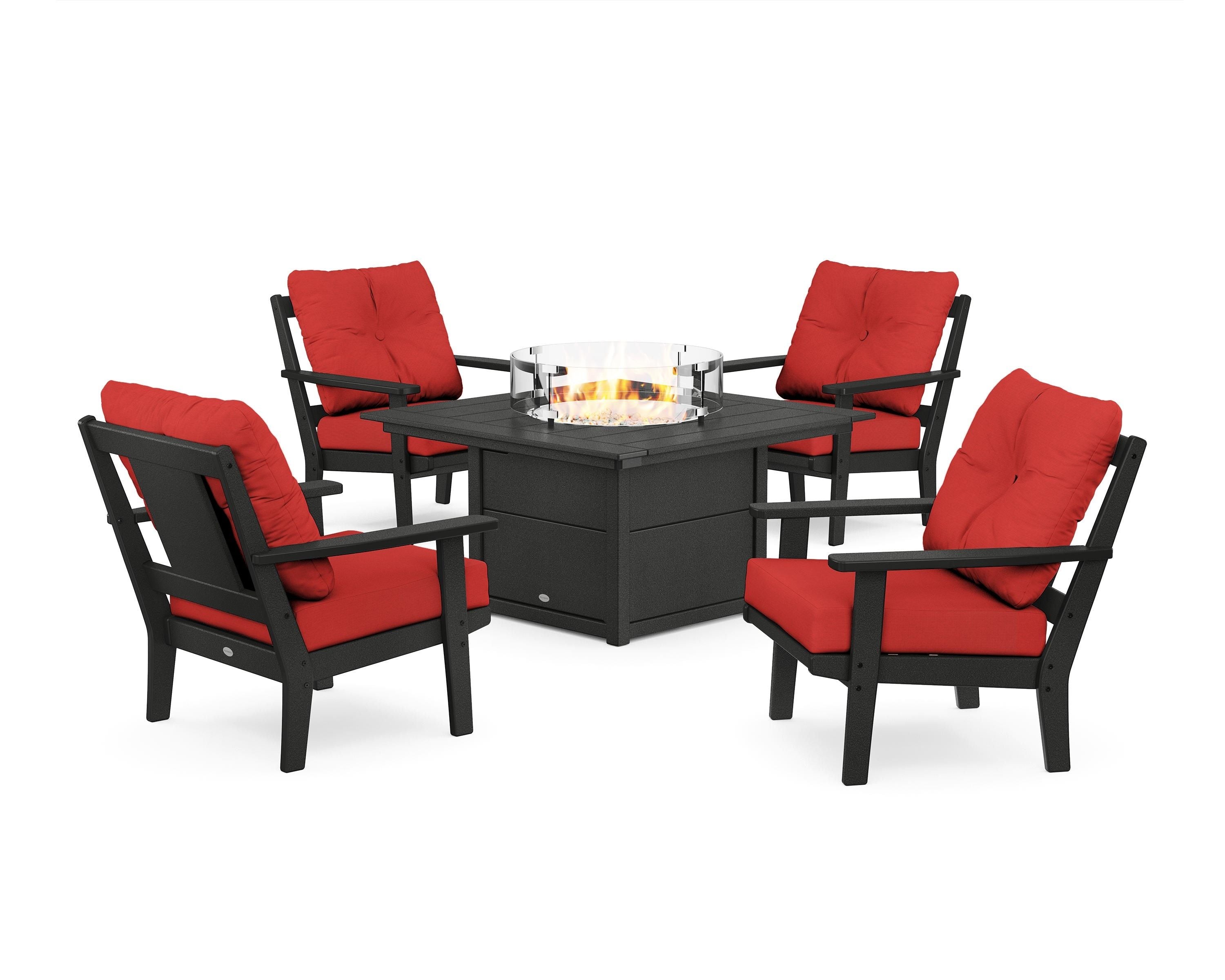 POLYWOOD Prairie 5-Piece Deep Seating Set with Fire Pit Table in Black / Crimson Linen
