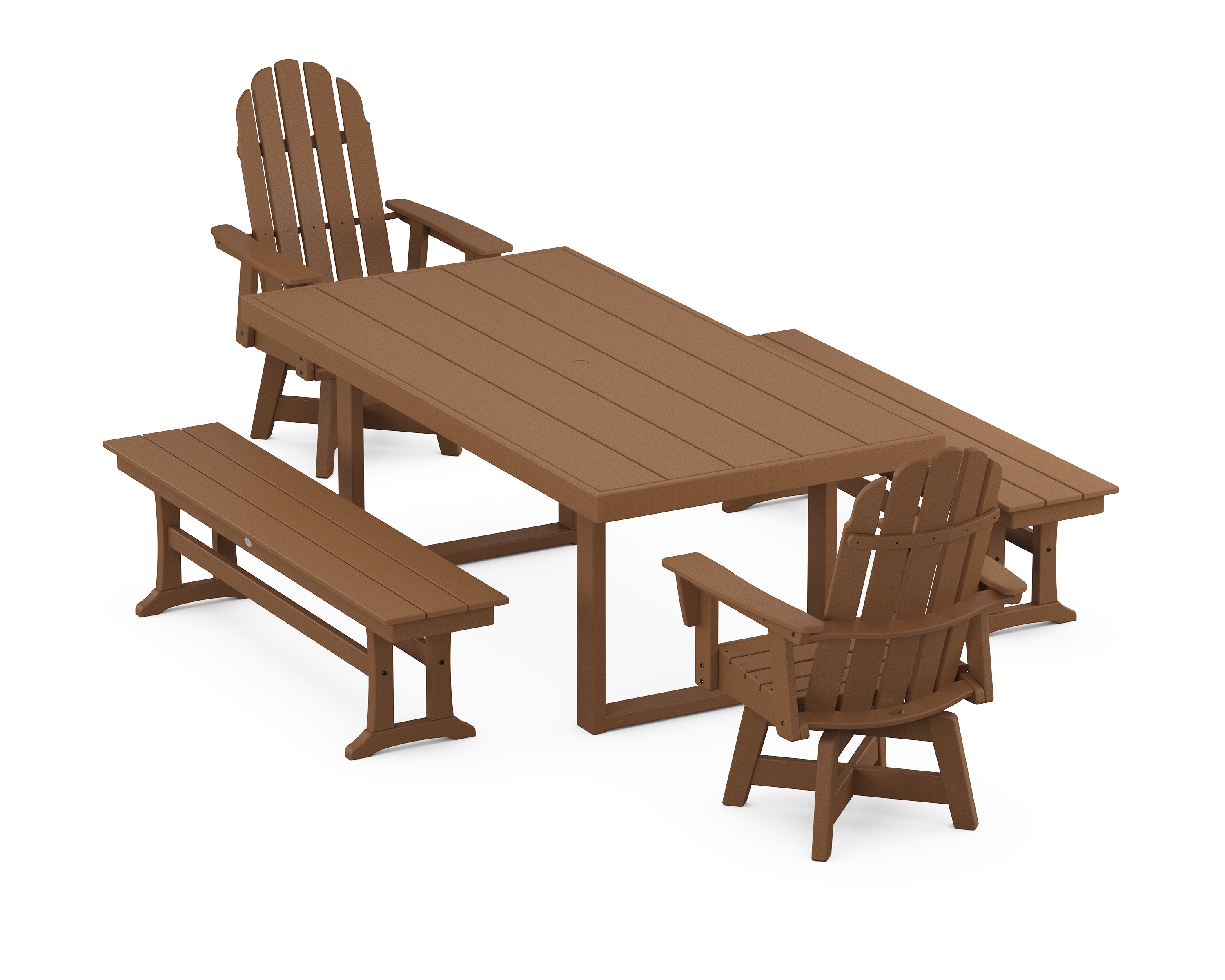 POLYWOOD Vineyard Curveback Adirondack Swivel Chair 5-Piece Dining Set with Benches in Teak