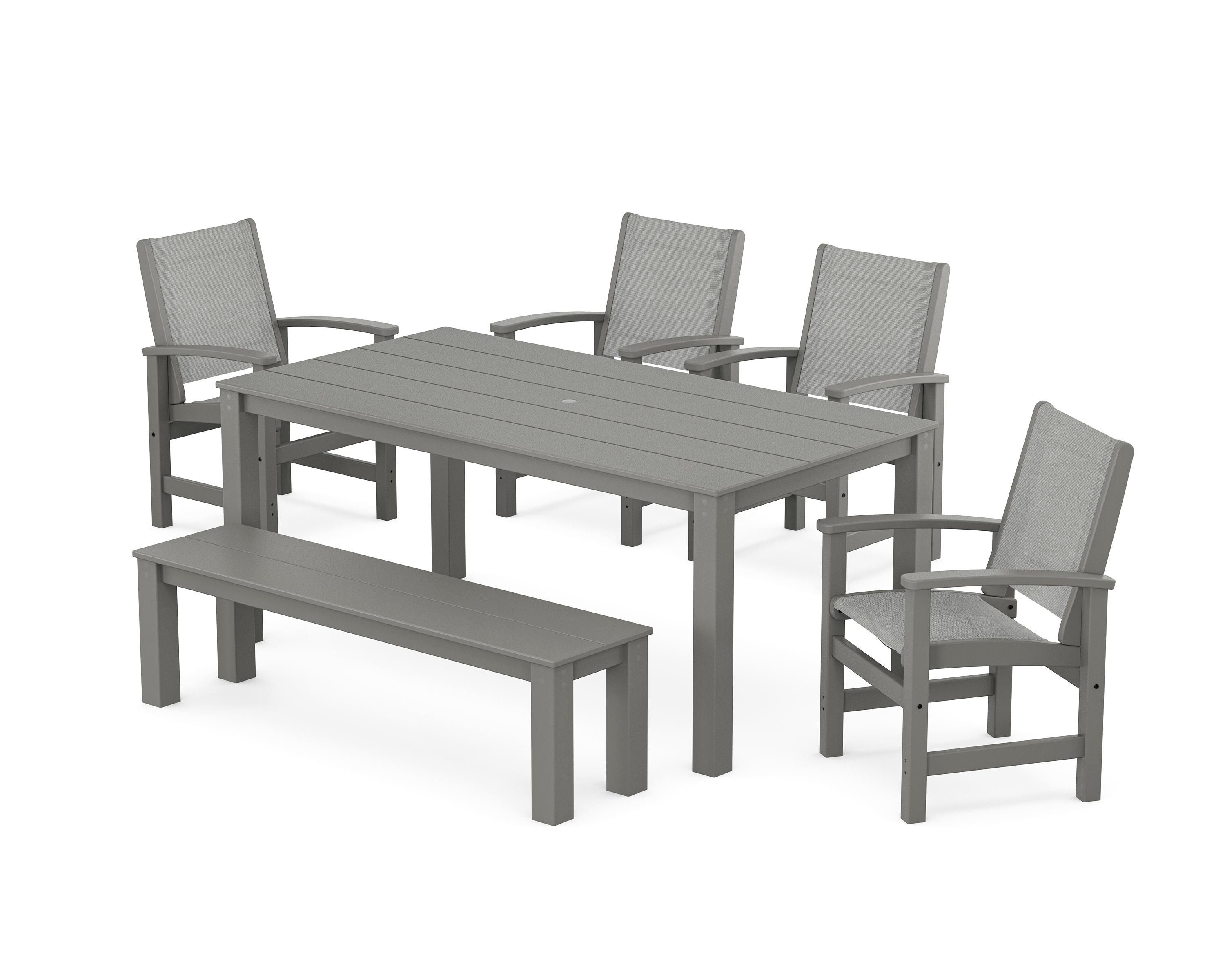 POLYWOOD Coastal 6-Piece Parsons Dining Set with Bench in Slate Grey / Metallic Sling