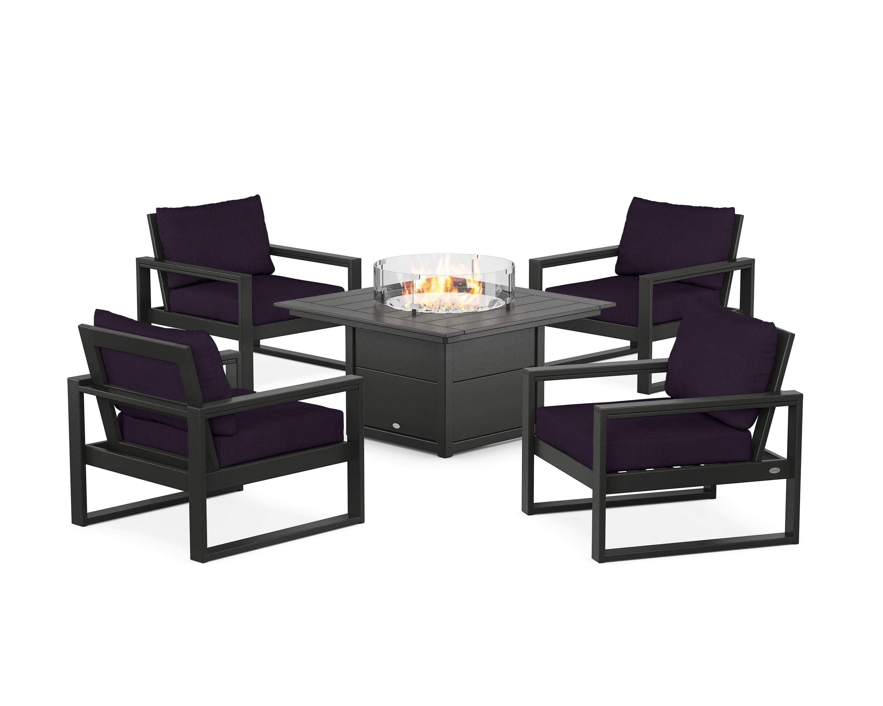 POLYWOOD EDGE Sectional 5-Piece Deep Seating Set with Fire Pit Table in Black / Navy Linen