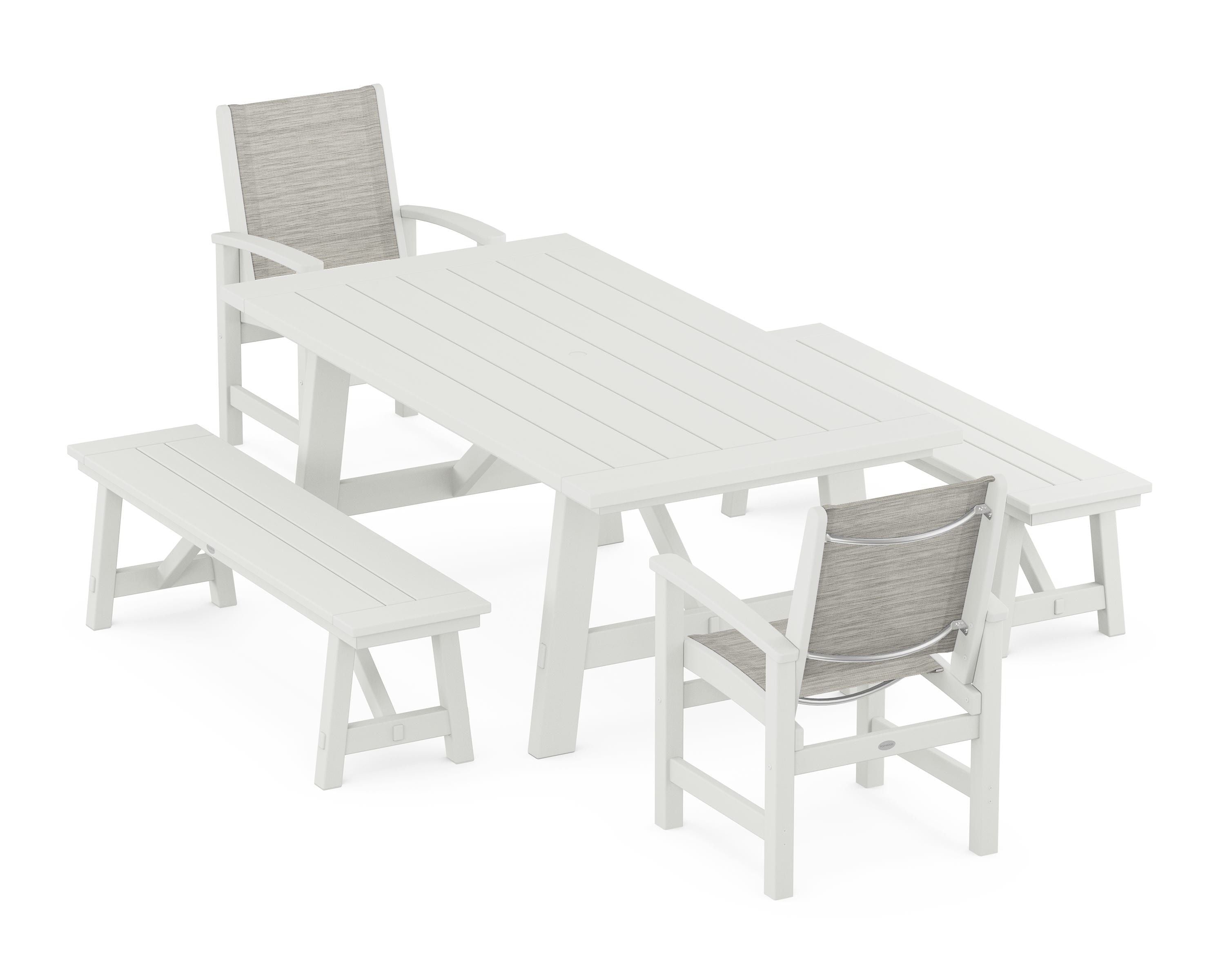 POLYWOOD Coastal 5-Piece Rustic Farmhouse Dining Set With Benches in Vintage White / Birch Sling