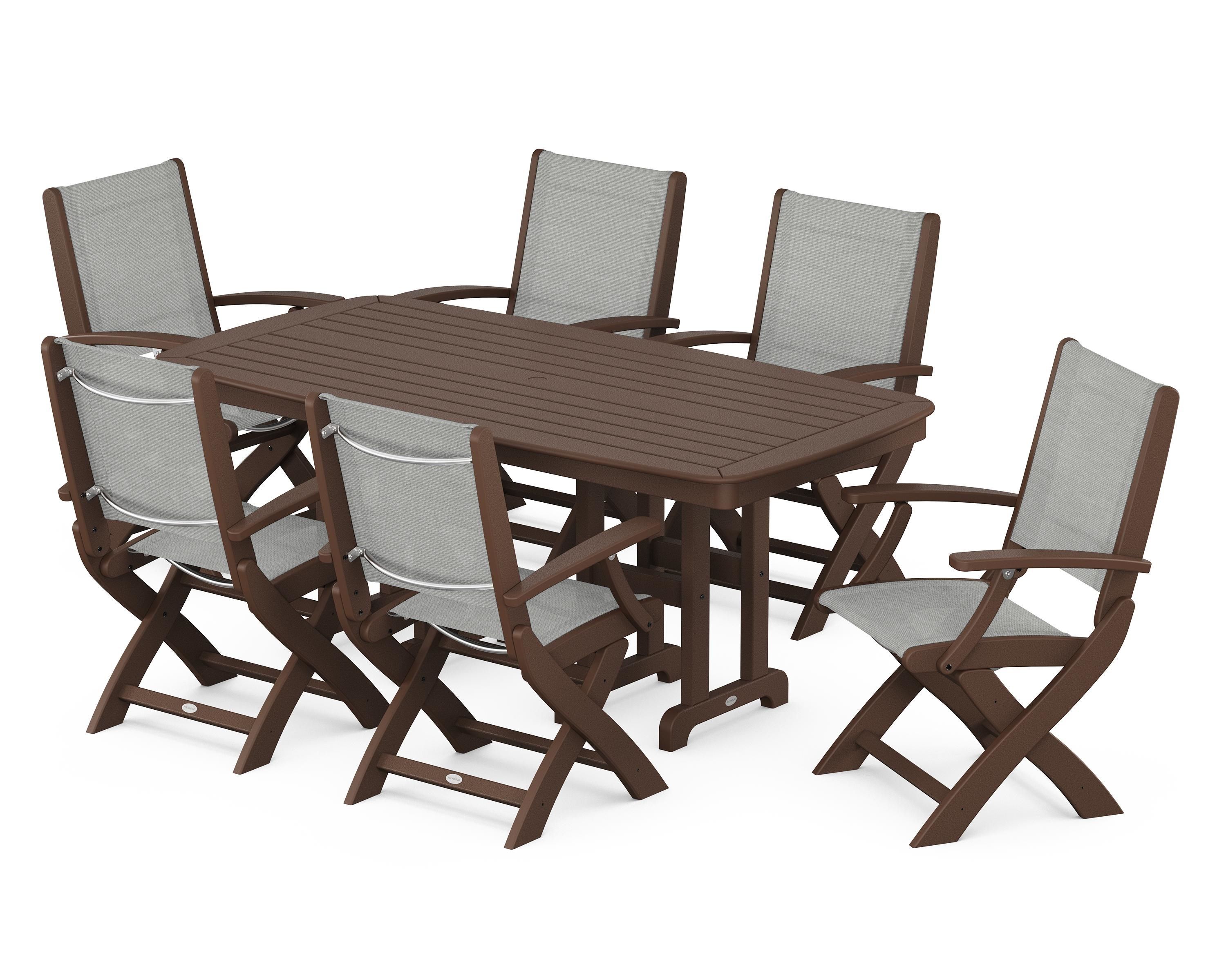 POLYWOOD Coastal Folding Arm Chair 7-Piece Dining Set in Mahogany / Metallic Sling