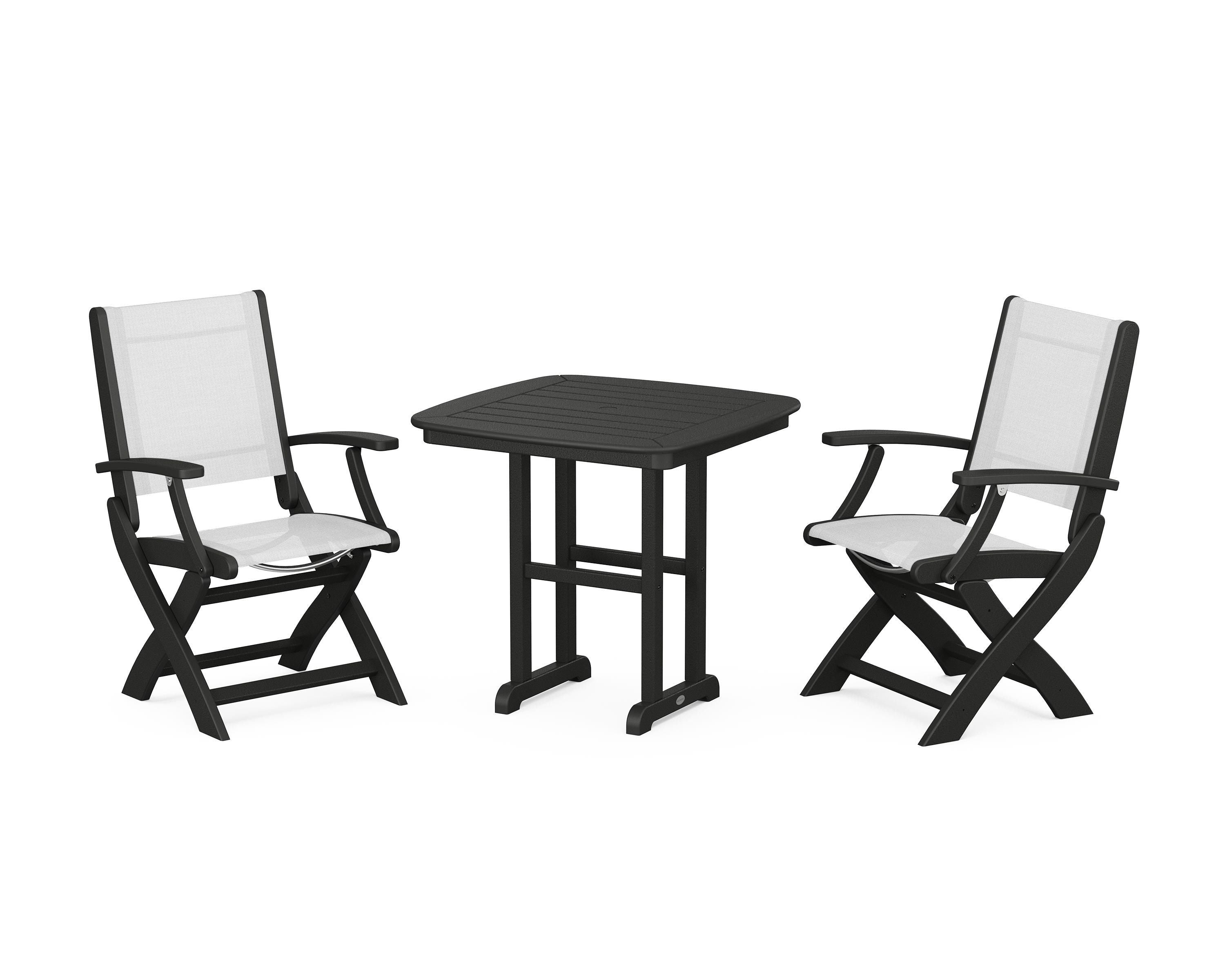 POLYWOOD Coastal Folding Chair 3-Piece Dining Set in Black / White Sling