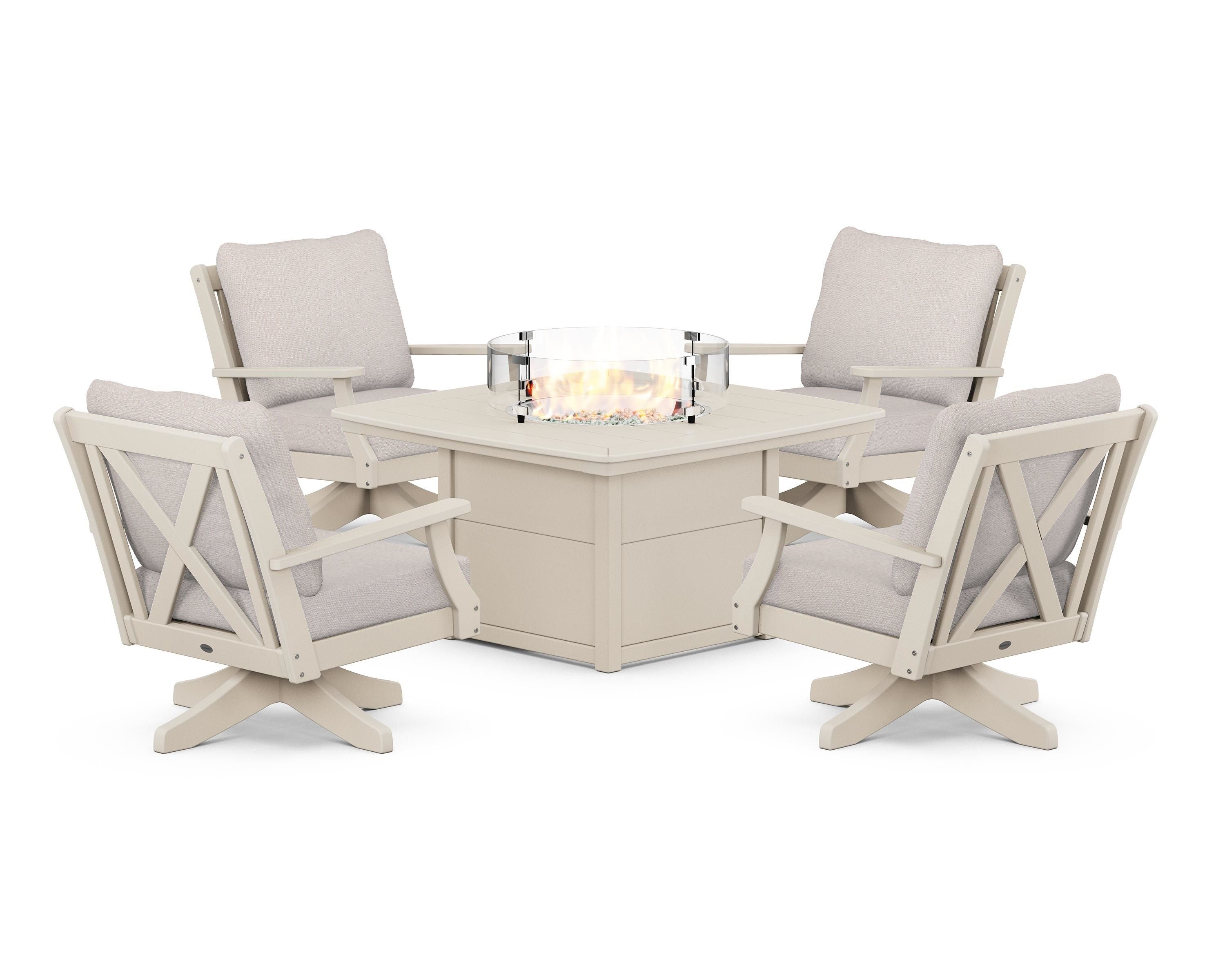 POLYWOOD Braxton 5-Piece Deep Seating Swivel Conversation Set with Fire Pit Table in Sand / Dune Burlap