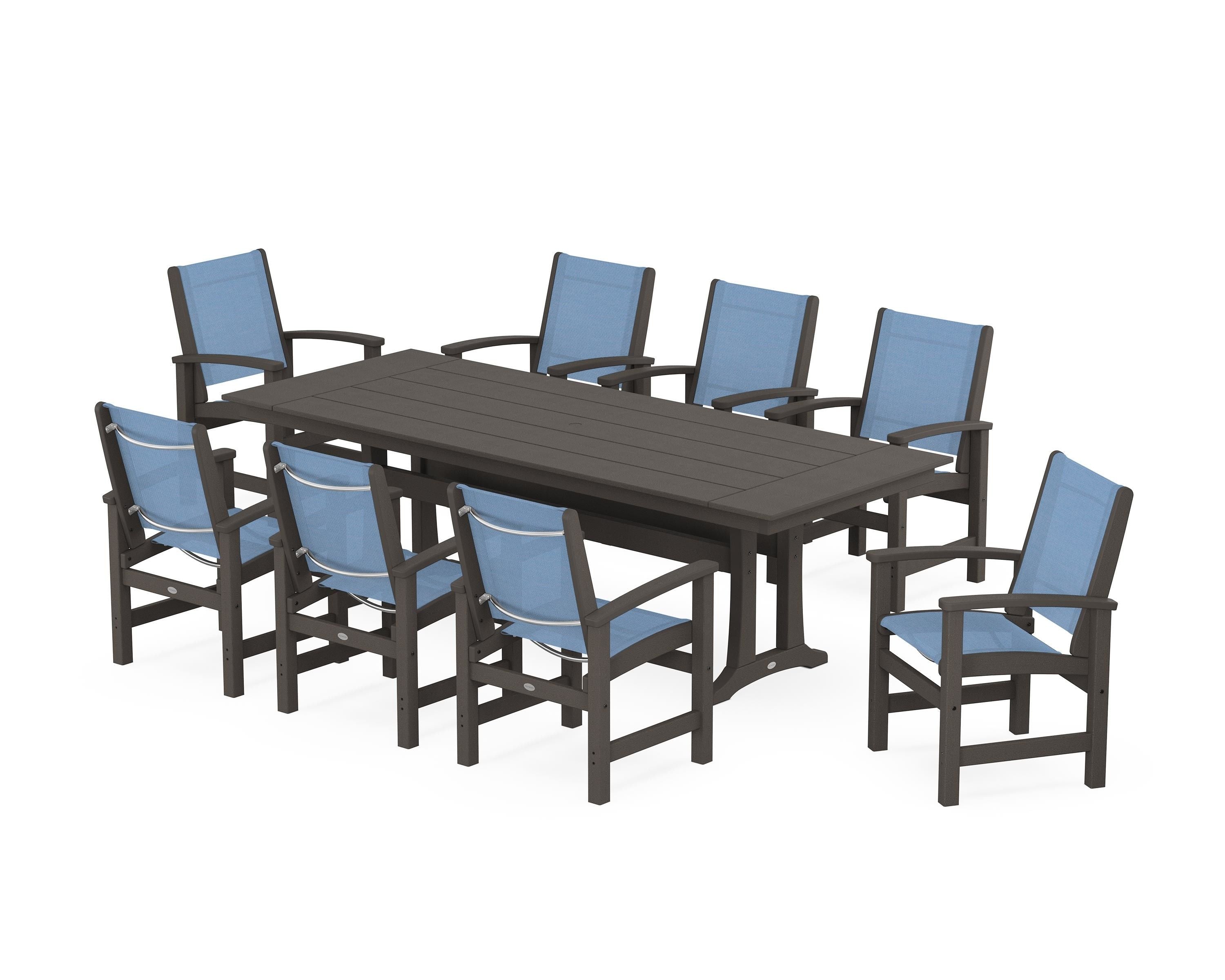 POLYWOOD Coastal 9-Piece Farmhouse Dining Set with Trestle Legs in Vintage Coffee / Poolside Sling