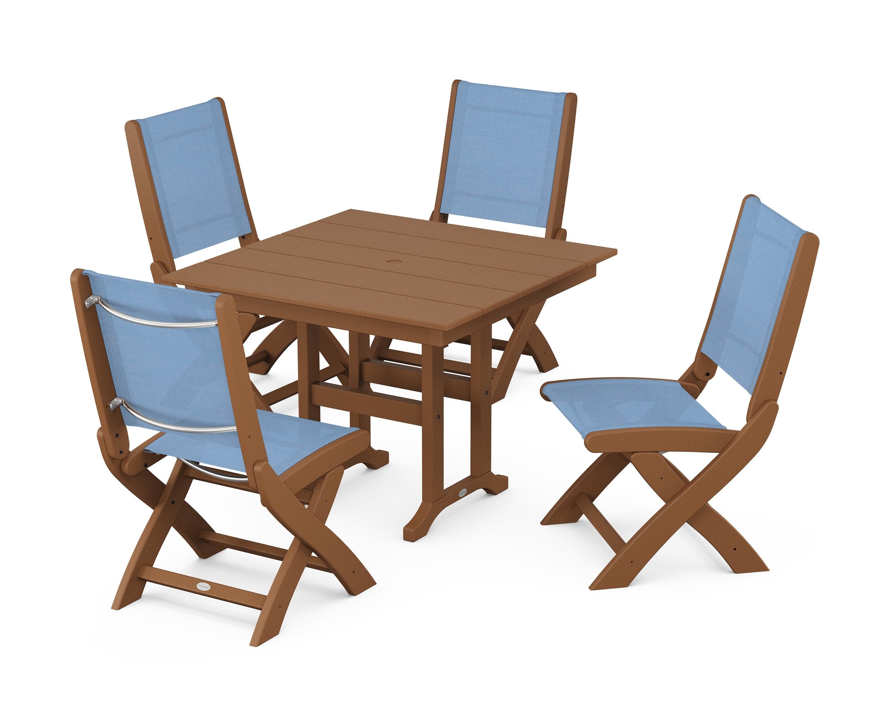 POLYWOOD Coastal Folding Side Chair 5-Piece Farmhouse Dining Set in Teak / Poolside Sling