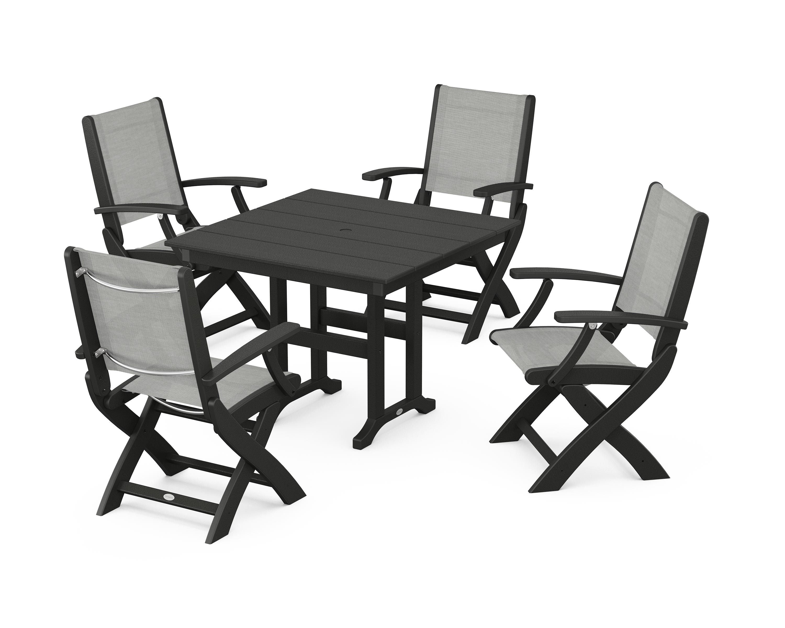 POLYWOOD Coastal Folding Chair 5-Piece Farmhouse Dining Set in Black / Metallic Sling