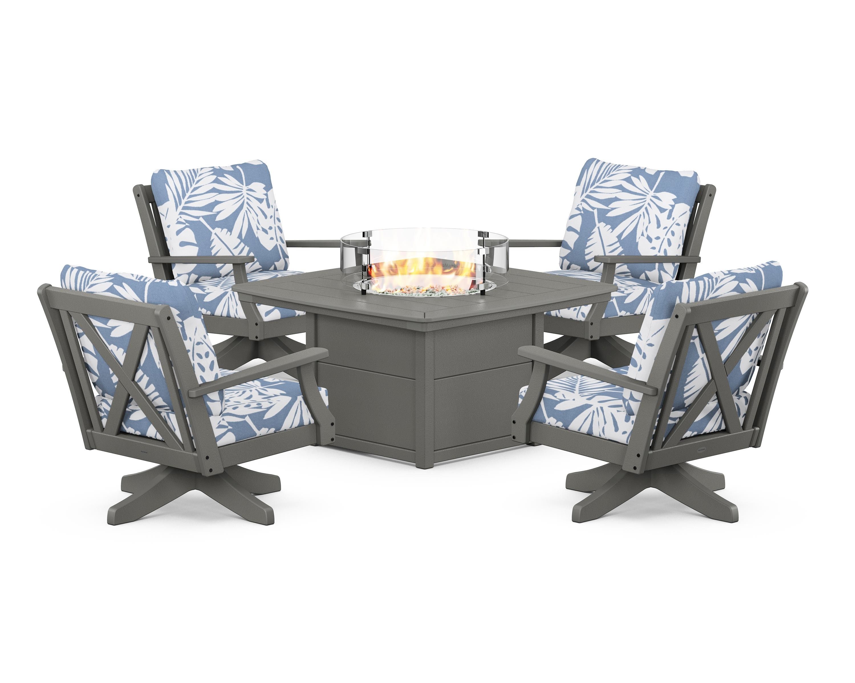 POLYWOOD Braxton 5-Piece Deep Seating Swivel Conversation Set with Fire Pit Table in Slate Grey / Leaf Sky Blue