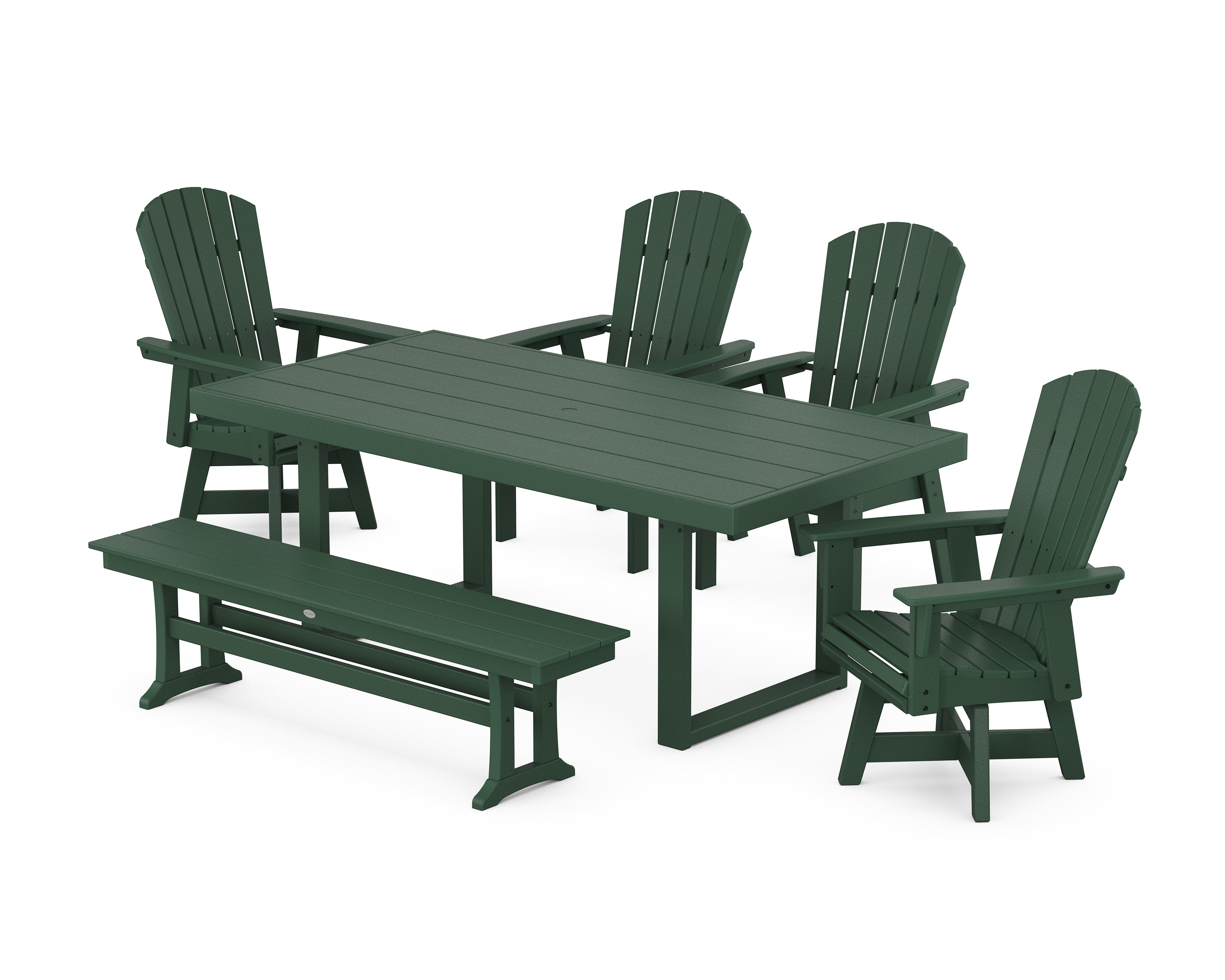 POLYWOOD® Nautical Curveback Adirondack Swivel Chair 6-Piece Dining Set with Bench in Green