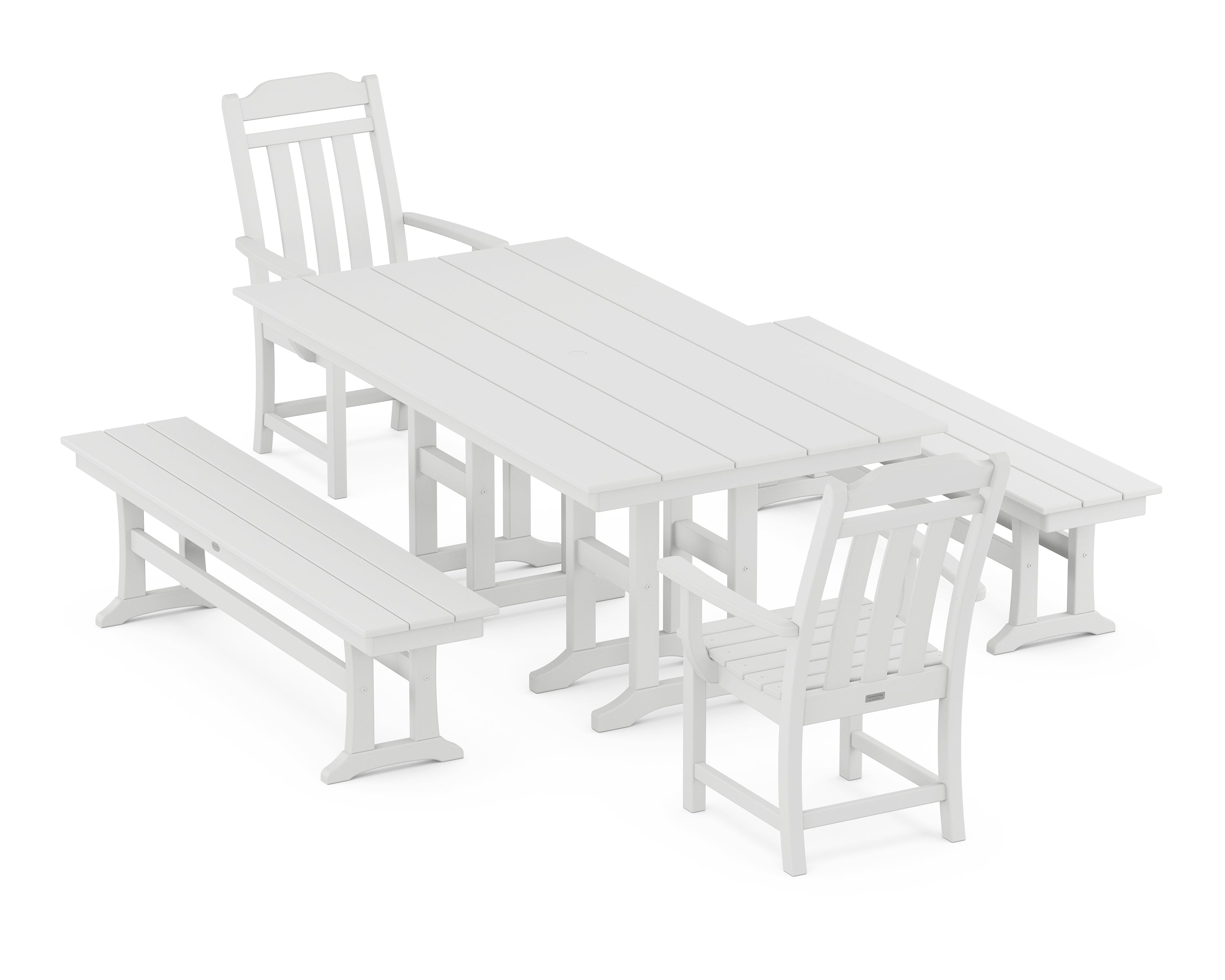 Polywood Country Living 5-Piece Farmhouse Dining Set with Benches in White