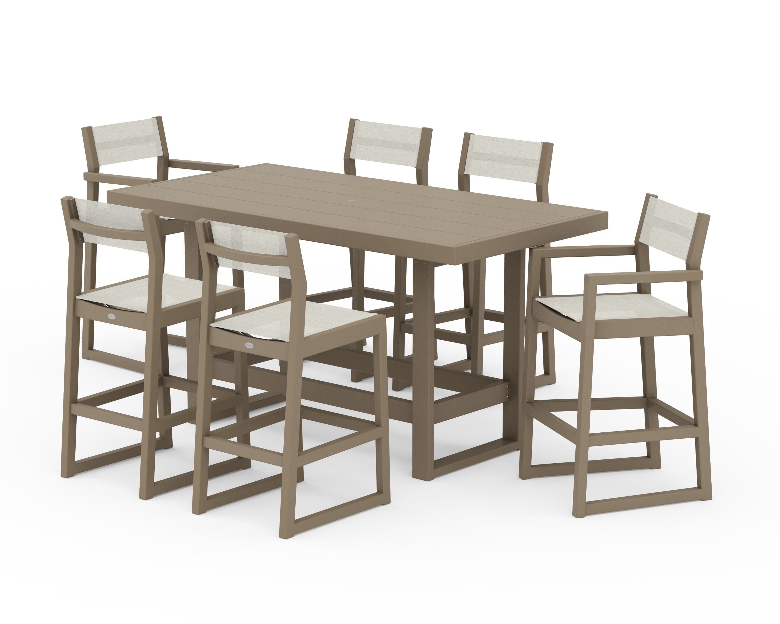 POLYWOOD EDGE Sling 7-Piece Bar Table Set in Vintage Sahara / Parchment Sling