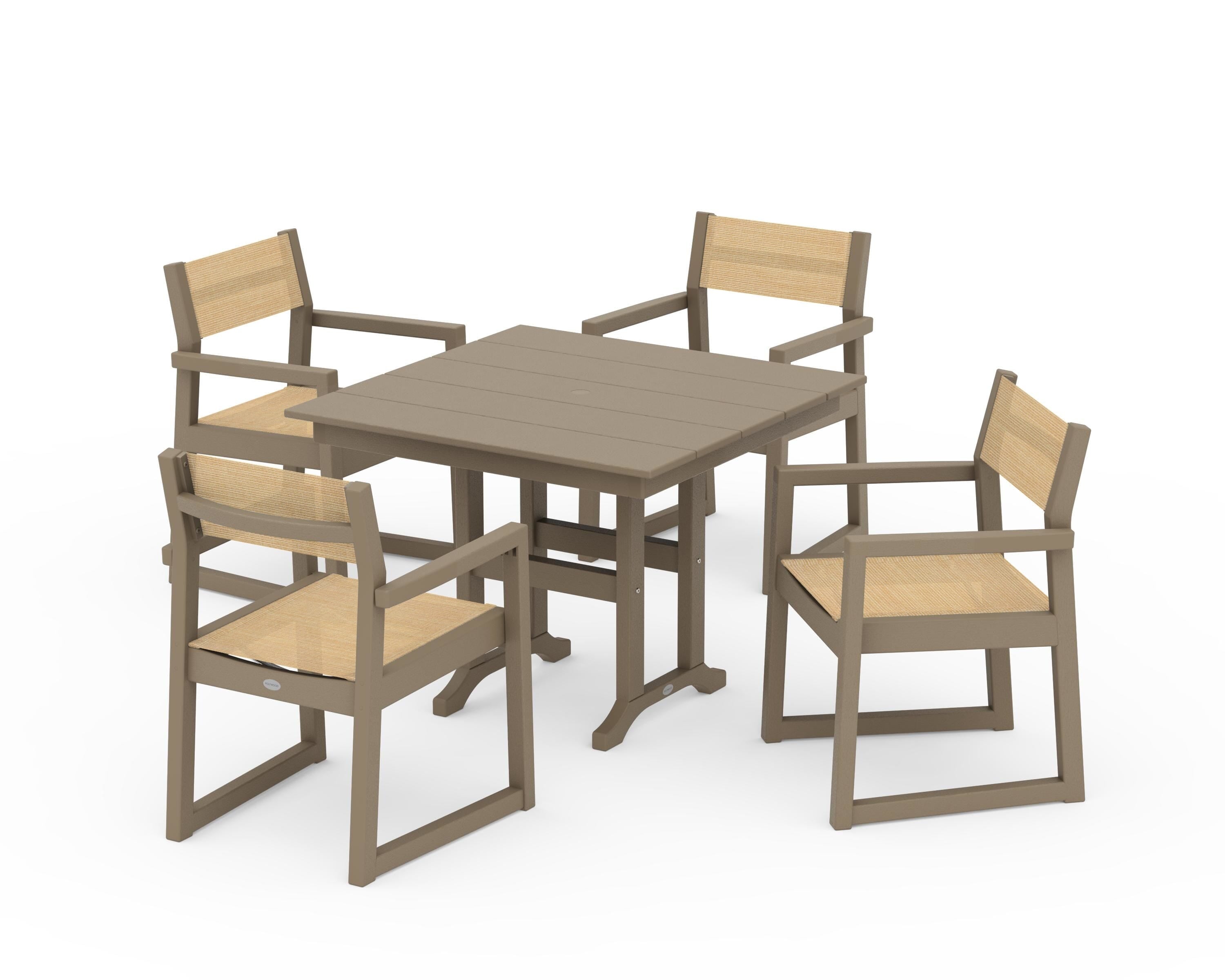 POLYWOOD EDGE Sling Arm Chair 5-Piece Farmhouse Dining Set in Vintage Sahara / Dupioni Apricot Sling