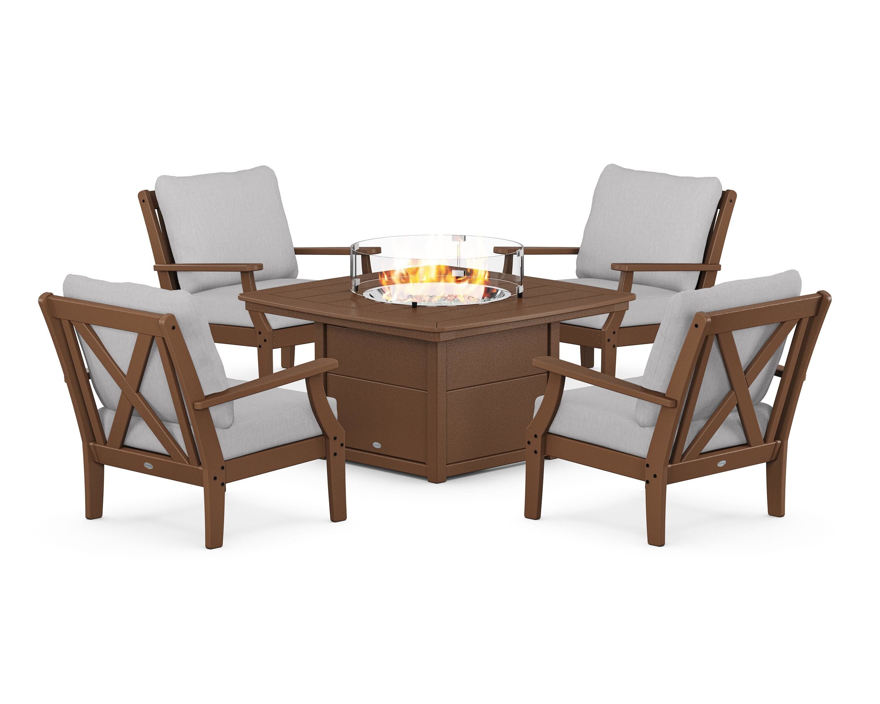 POLYWOOD Braxton 5-Piece Deep Seating Conversation Set with Fire Pit Table in Teak / Granite