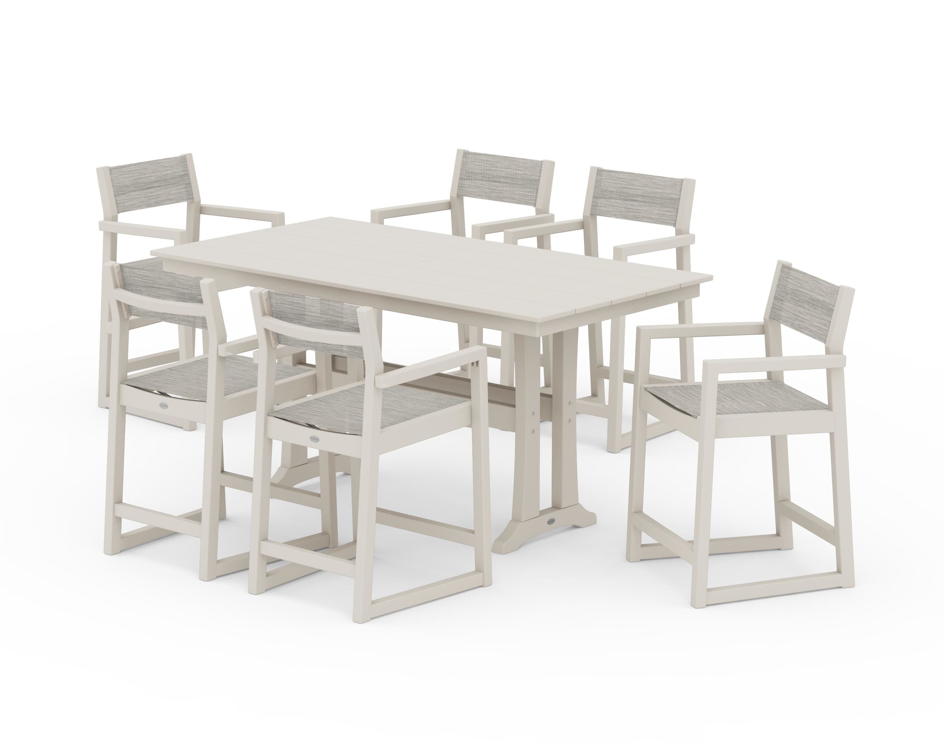 POLYWOOD EDGE Sling Arm Chair 7-Piece Farmhouse Counter Set with Trestle Legs in Sand / Birch Sling
