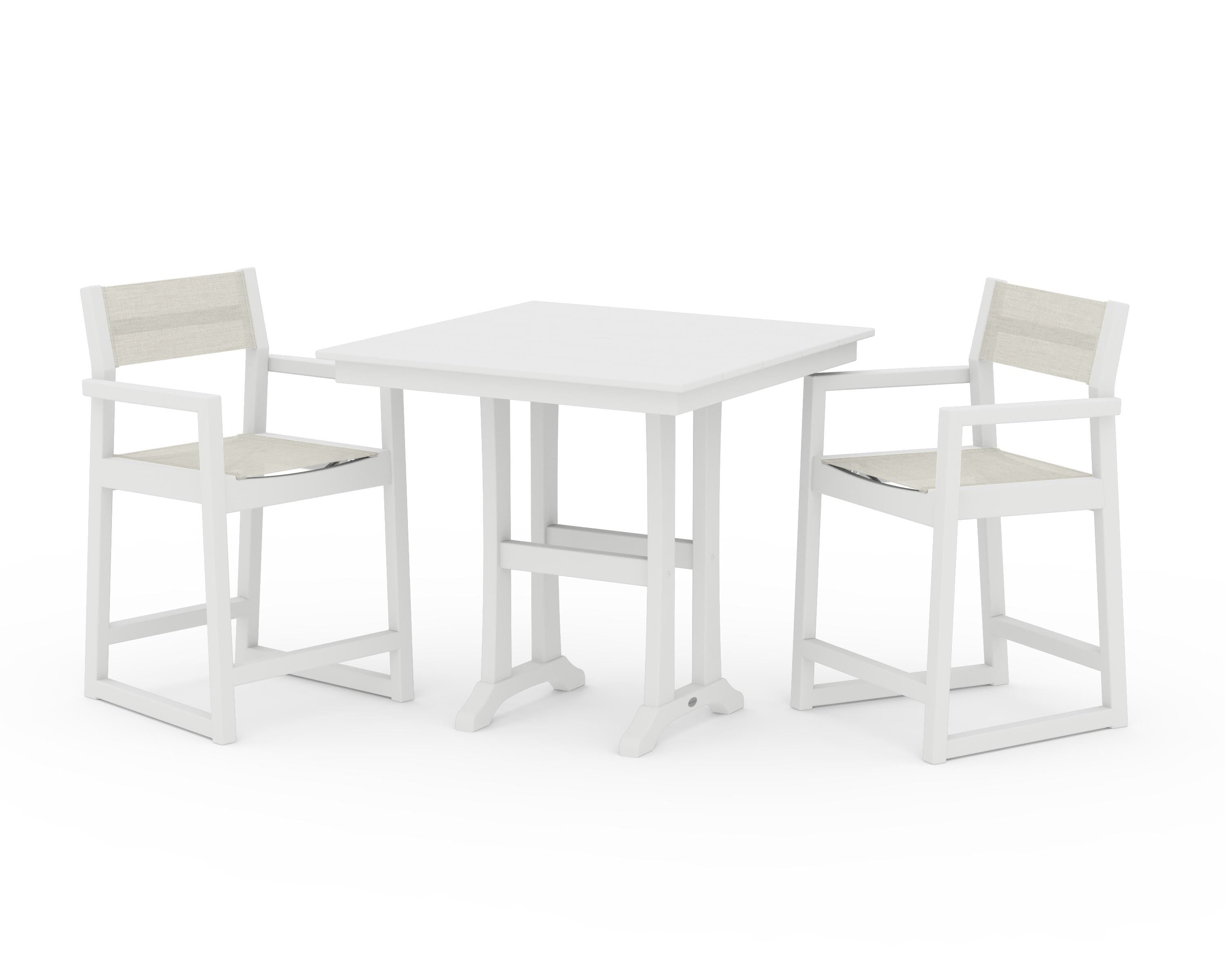 POLYWOOD EDGE Sling Arm Chair 3-Piece Farmhouse Counter Set with Trestle Legs in White / Parchment Sling