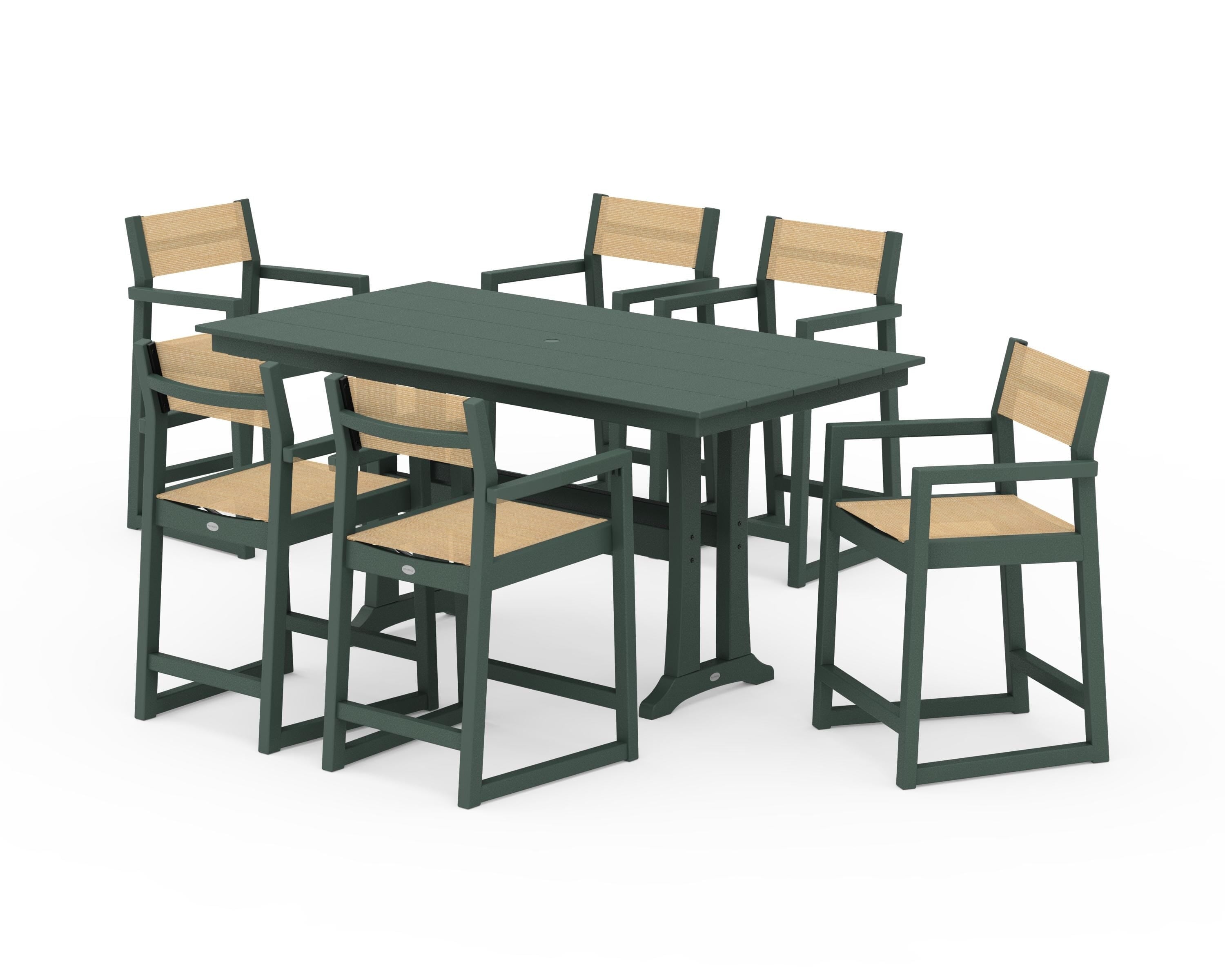 POLYWOOD EDGE Sling Arm Chair 7-Piece Farmhouse Counter Set with Trestle Legs in Green / Dupioni Apricot Sling