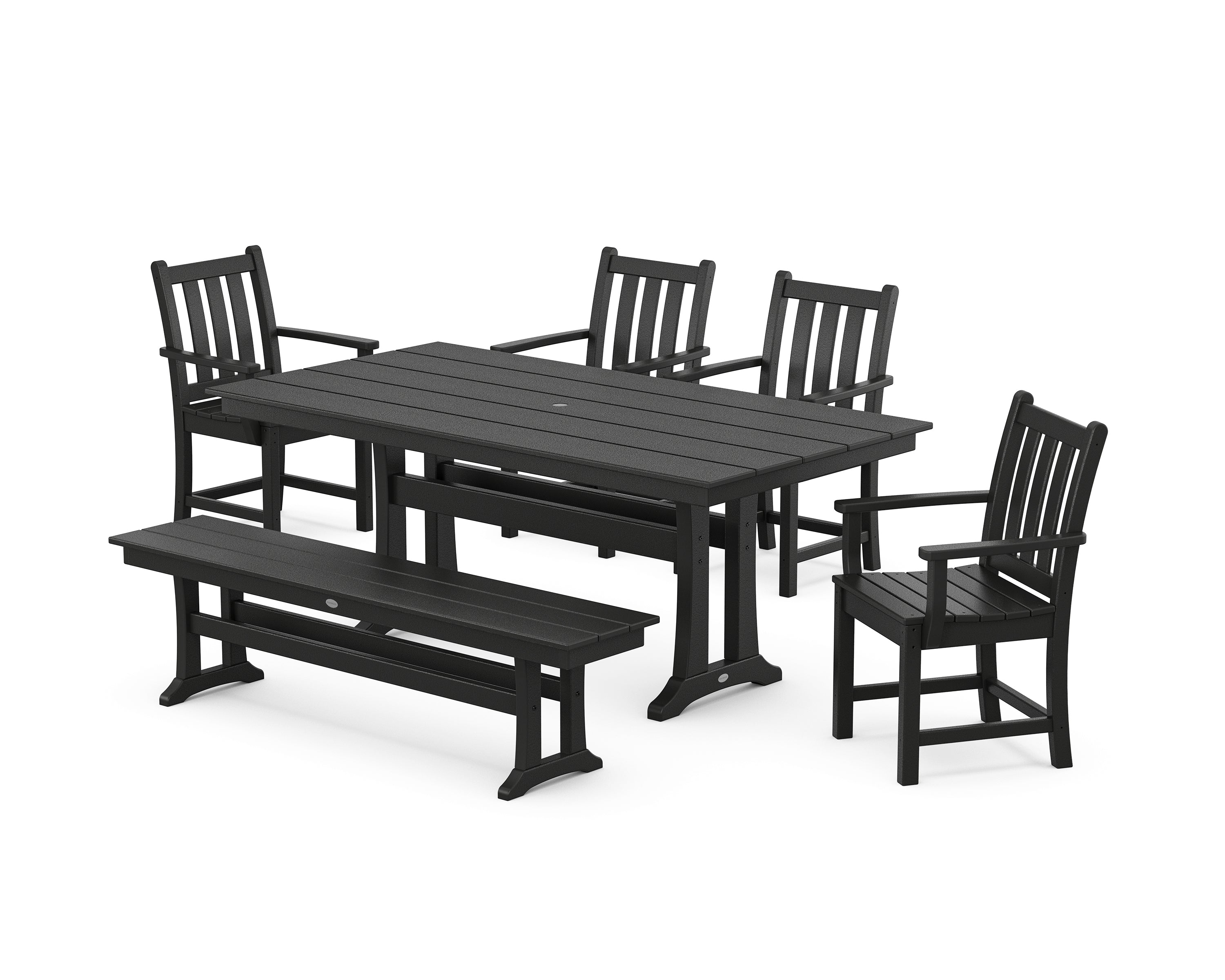 POLYWOOD® Traditional Garden Arm Chair 6-Piece Farmhouse Dining Set with Trestle Legs and Bench in Black