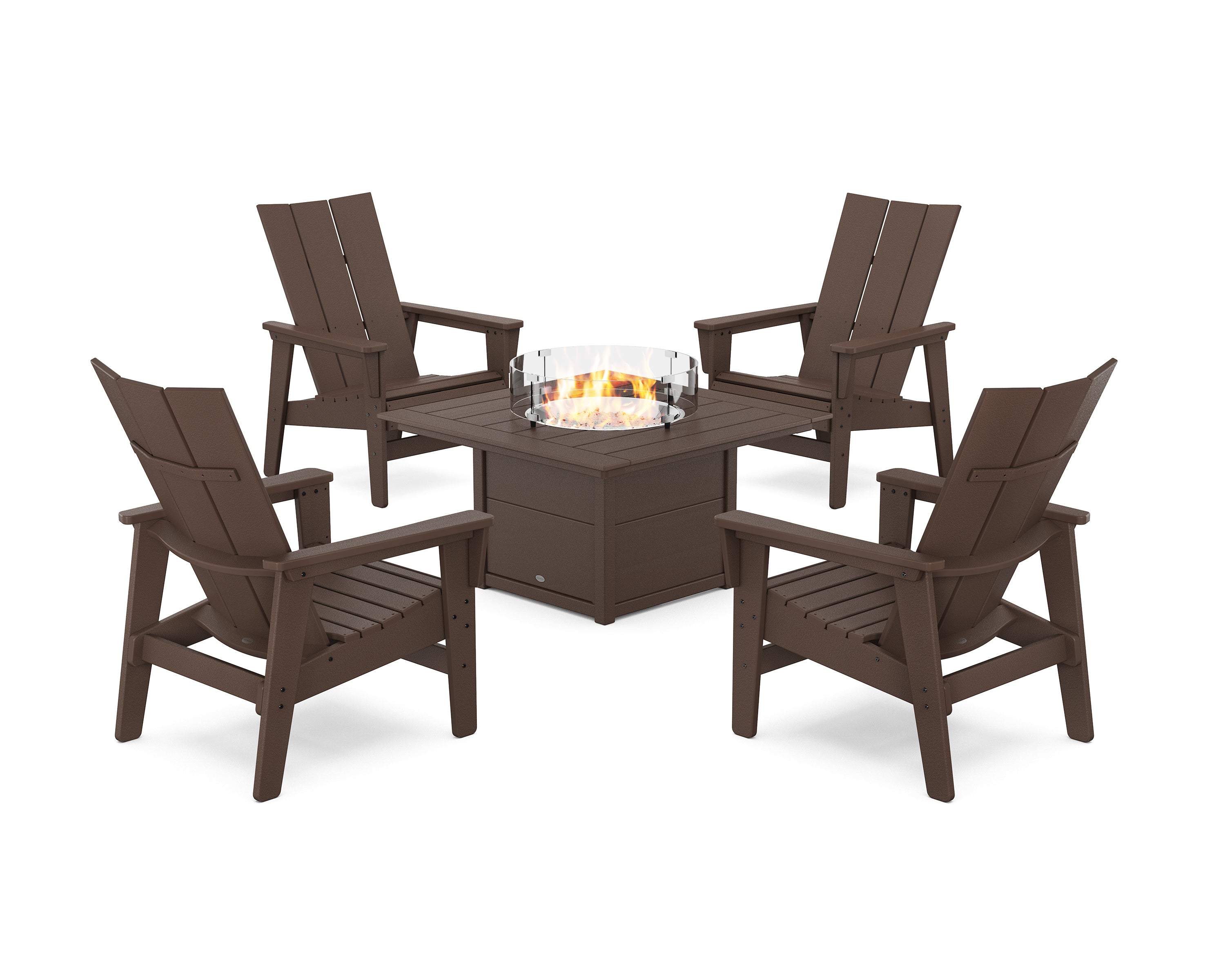 POLYWOOD 5-Piece Modern Grand Upright Adirondack Conversation Set with Fire Pit Table in Mahogany