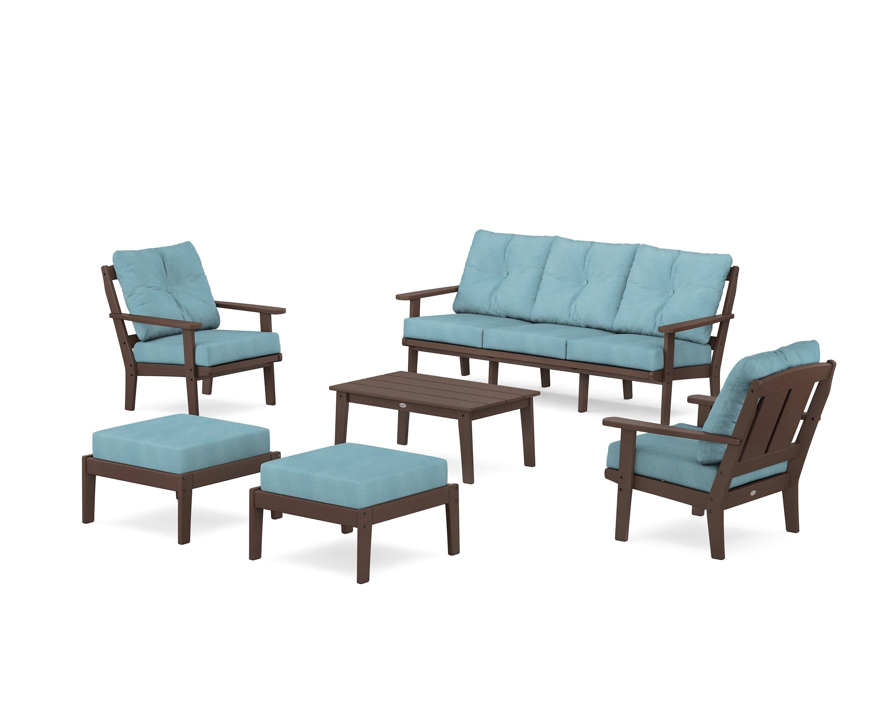 POLYWOOD Mission 6-Piece Lounge Sofa Set in Mahogany / Lattice Sky Blue