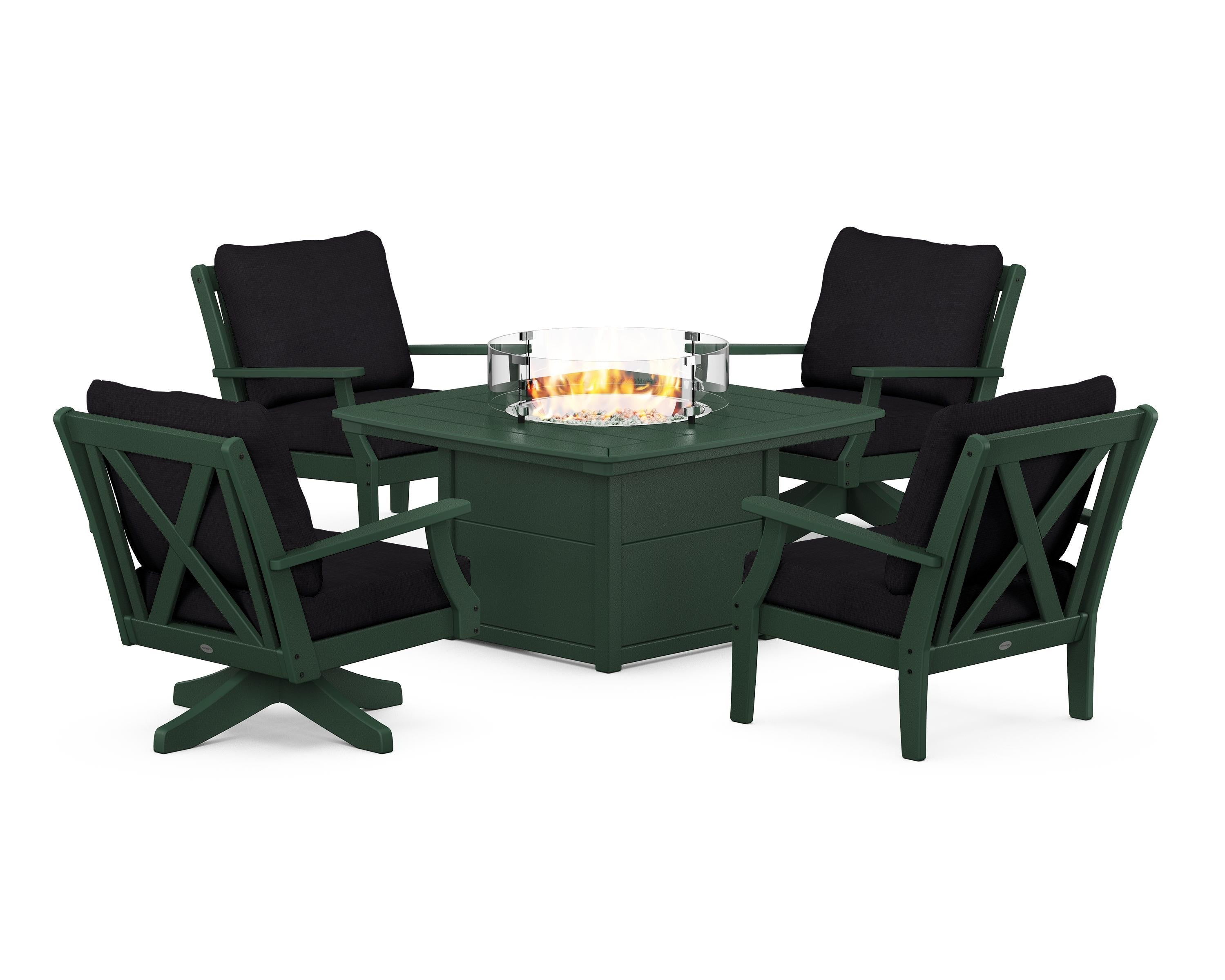 POLYWOOD Braxton 5-Piece Deep Seating Set with Fire Table in Green / Midnight Linen