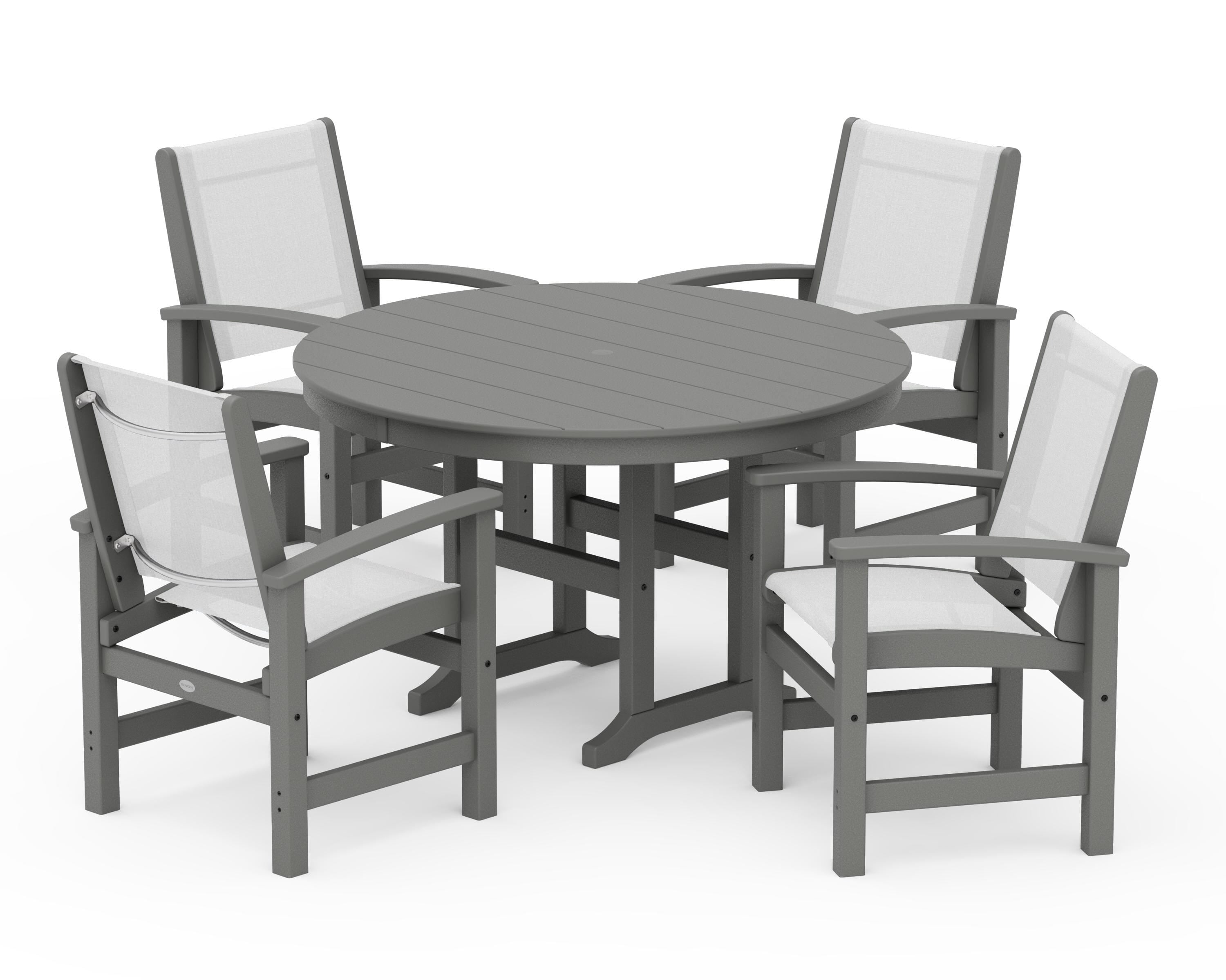 POLYWOOD Coastal 5-Piece Round Farmhouse Dining Set in Slate Grey / White Sling