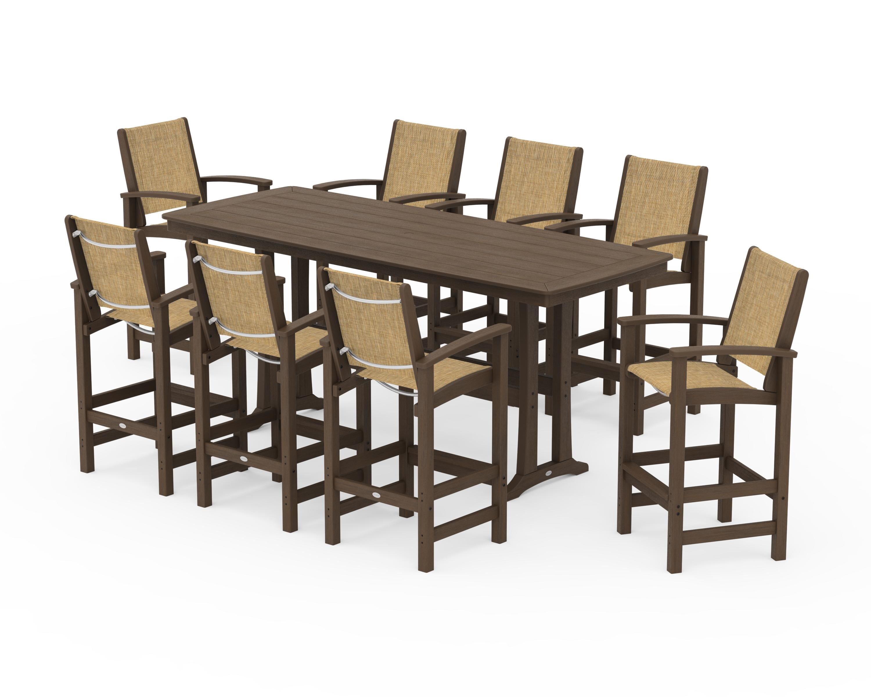 POLYWOOD Coastal 9-Piece Bar Set with Trestle Legs in Kona / Burlap Sling