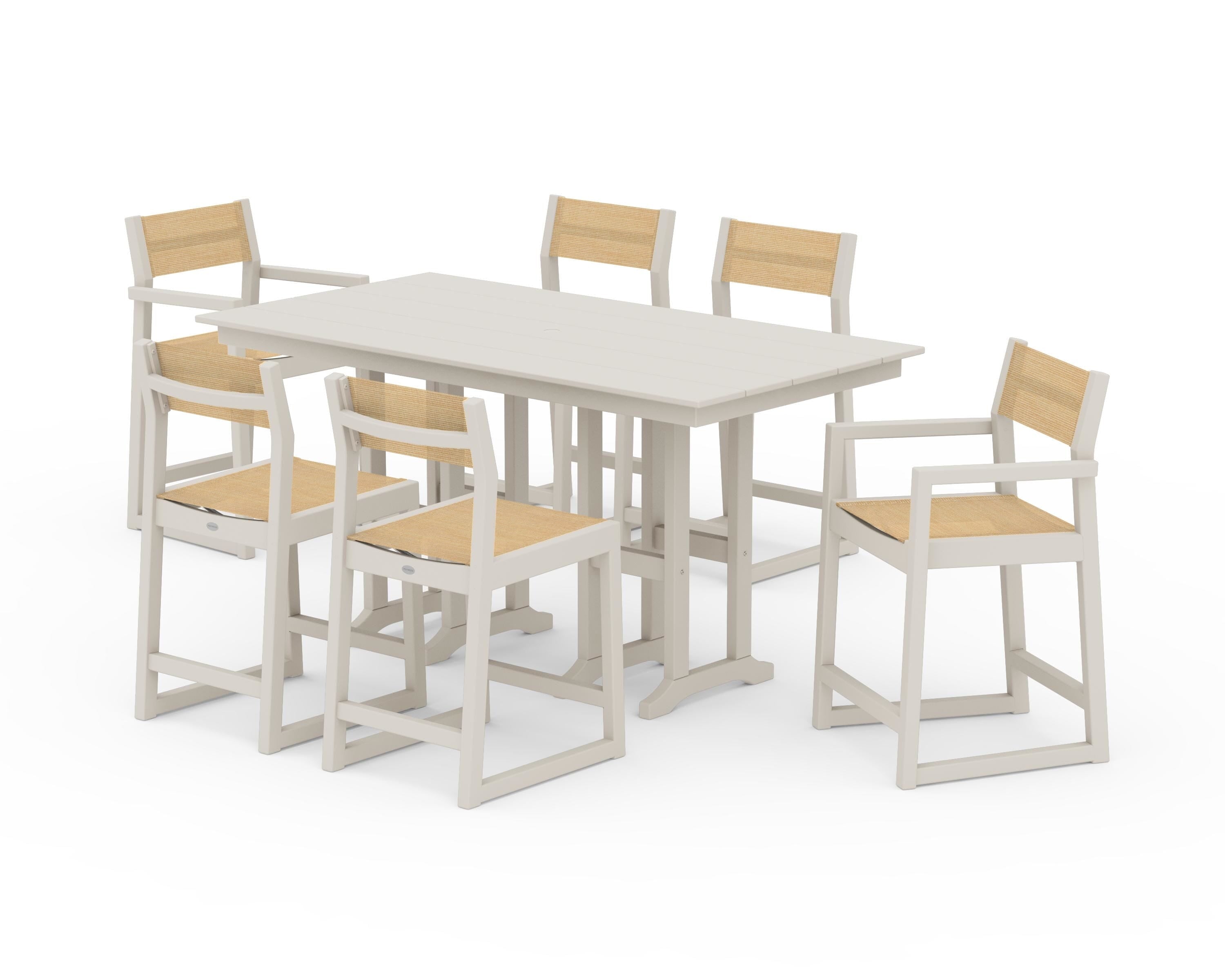 POLYWOOD EDGE Sling 7-Piece Farmhouse Counter Set in Sand / Dupioni Apricot Sling