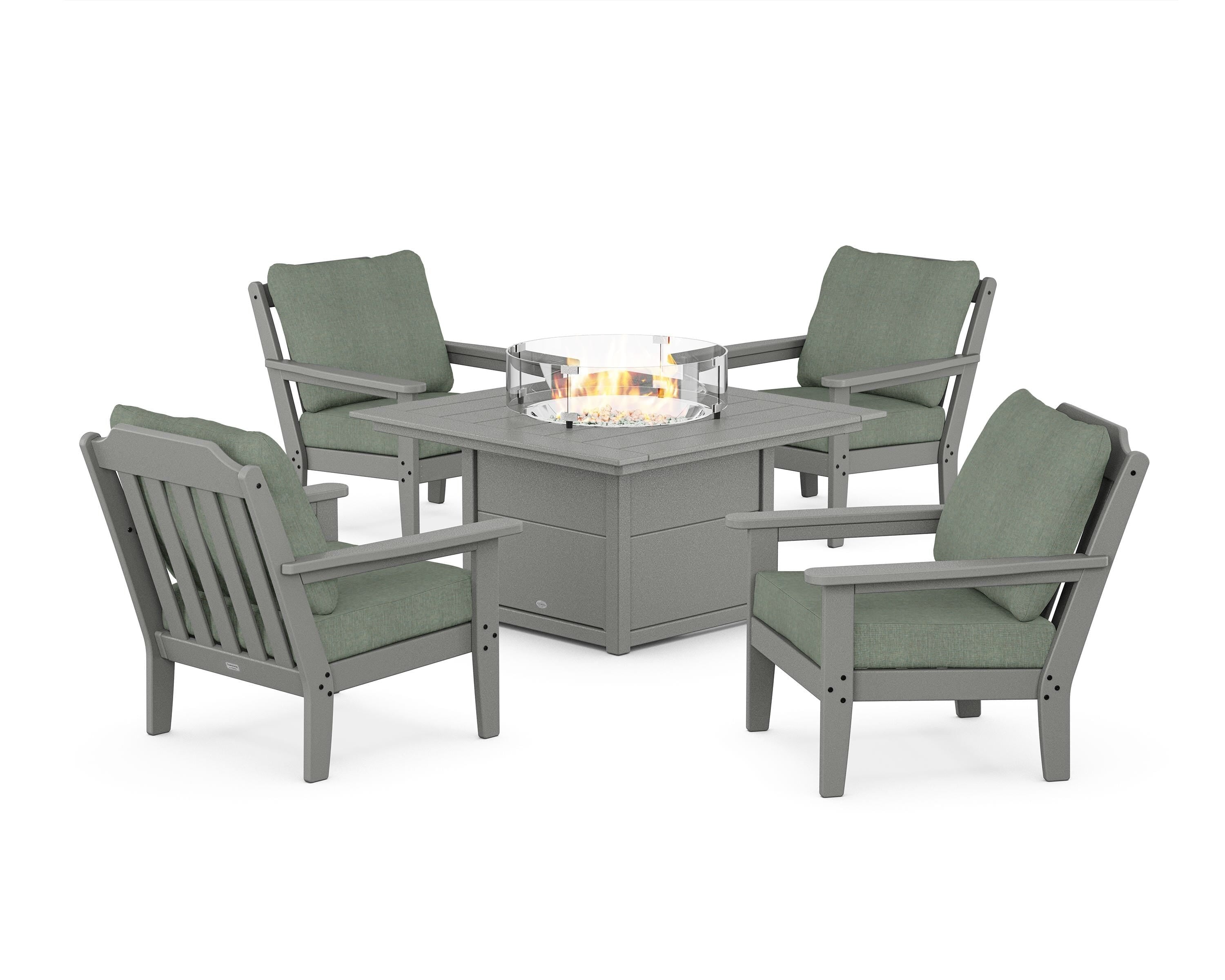 Country Living Cottage 5-Piece Deep Seating Set with Fire Pit Table in Slate Grey / Cast Sage