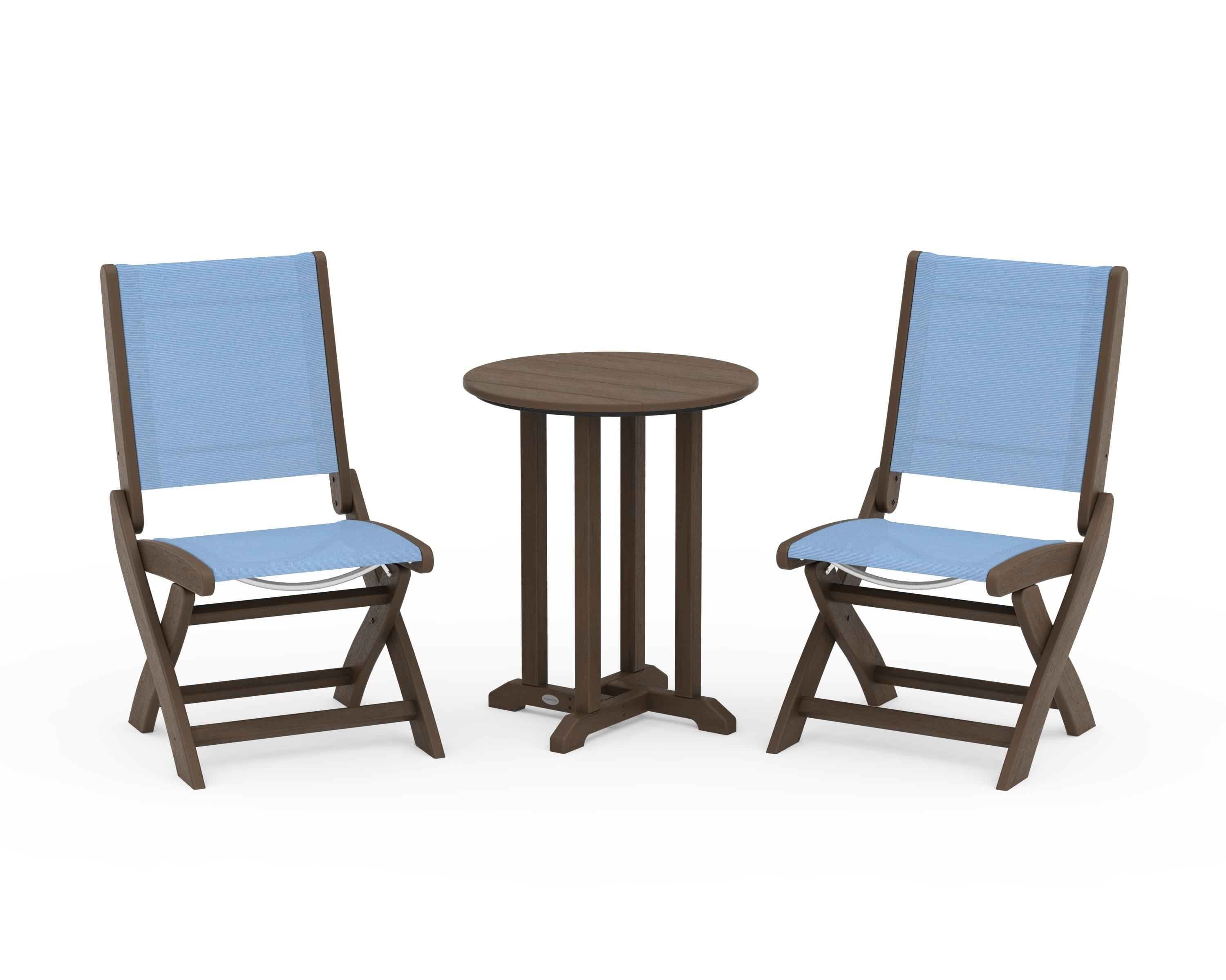 POLYWOOD Coastal Folding Side Chair 3-Piece Round Bistro Dining Set in Kona / Poolside Sling