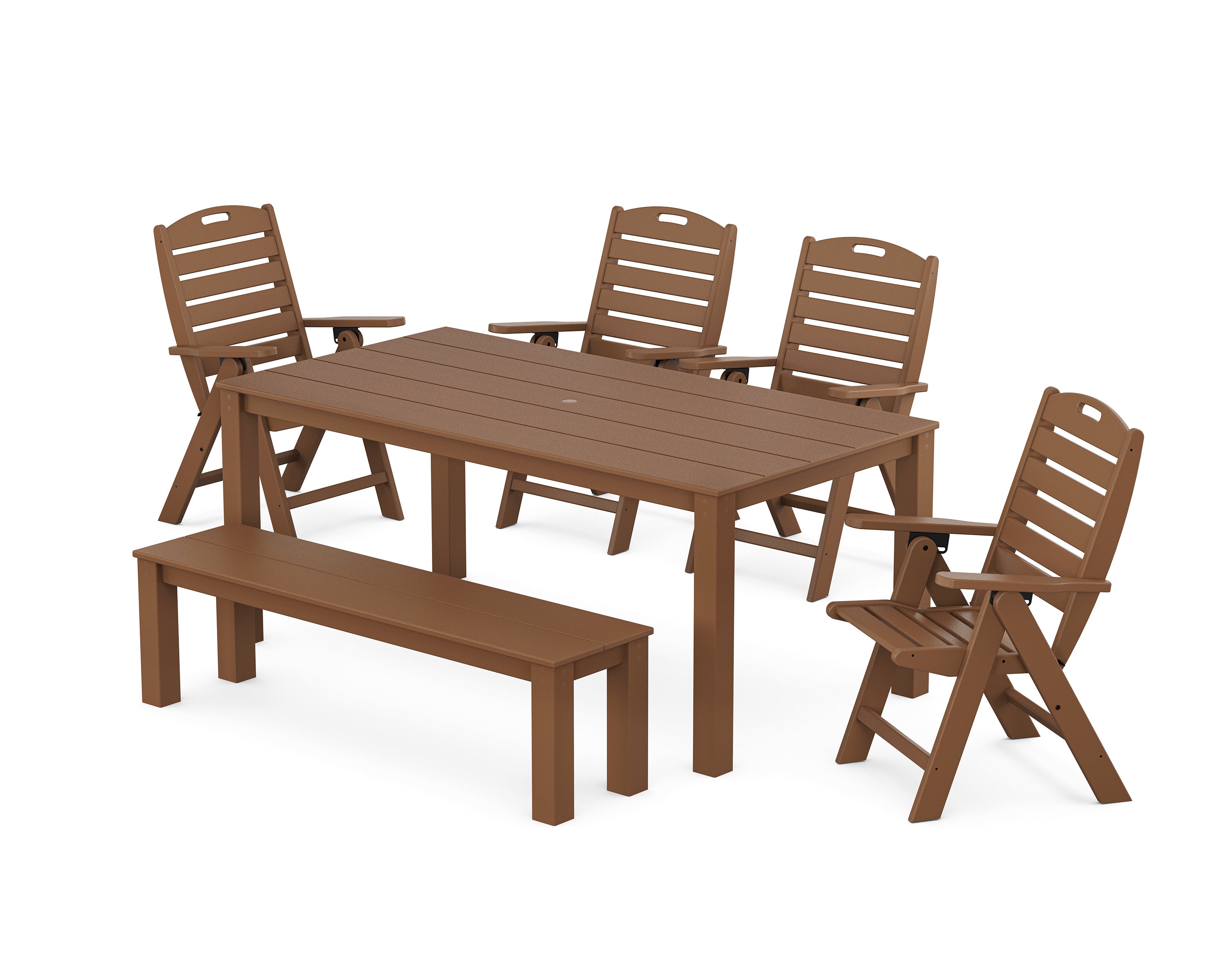 POLYWOOD Nautical Folding Highback Chair 6-Piece Parsons Dining Set with Bench in Teak