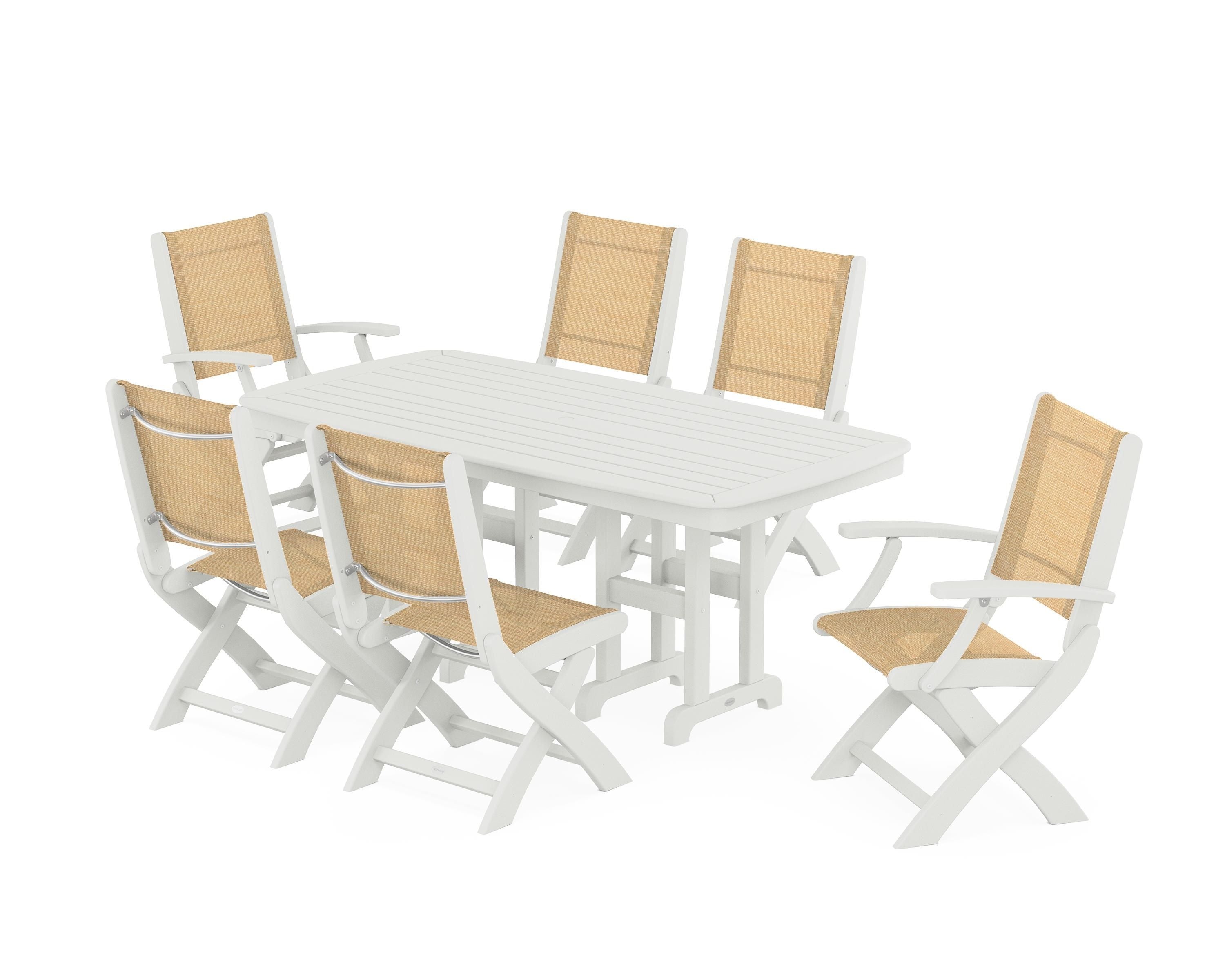 POLYWOOD Coastal Folding Chair 7-Piece Dining Set in Vintage White / Dupioni Apricot Sling