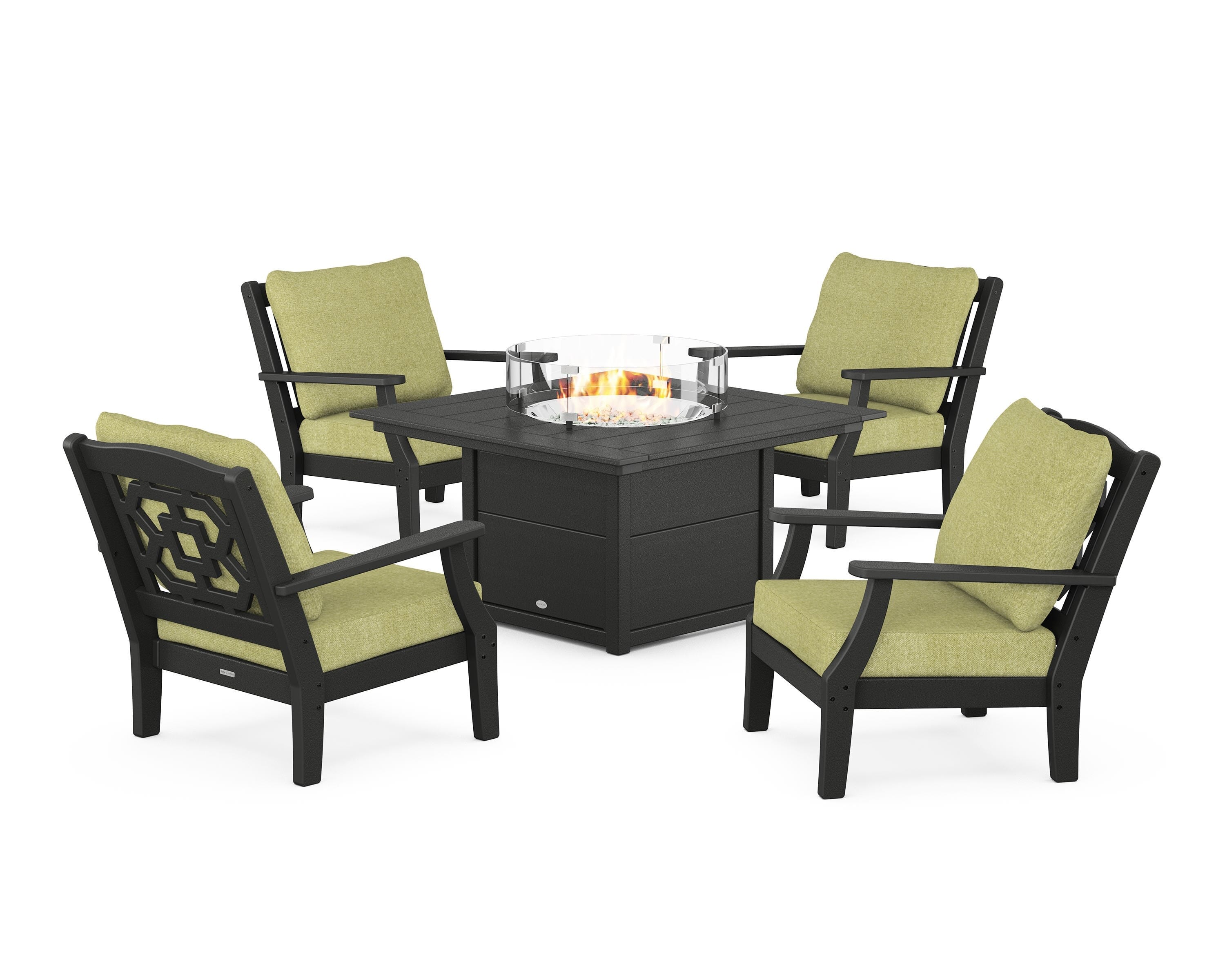 Martha Stewart by POLYWOOD Chinoiserie 5-Piece Deep Seating Set with Fire Pit Table in Black / Chartreuse Boucle