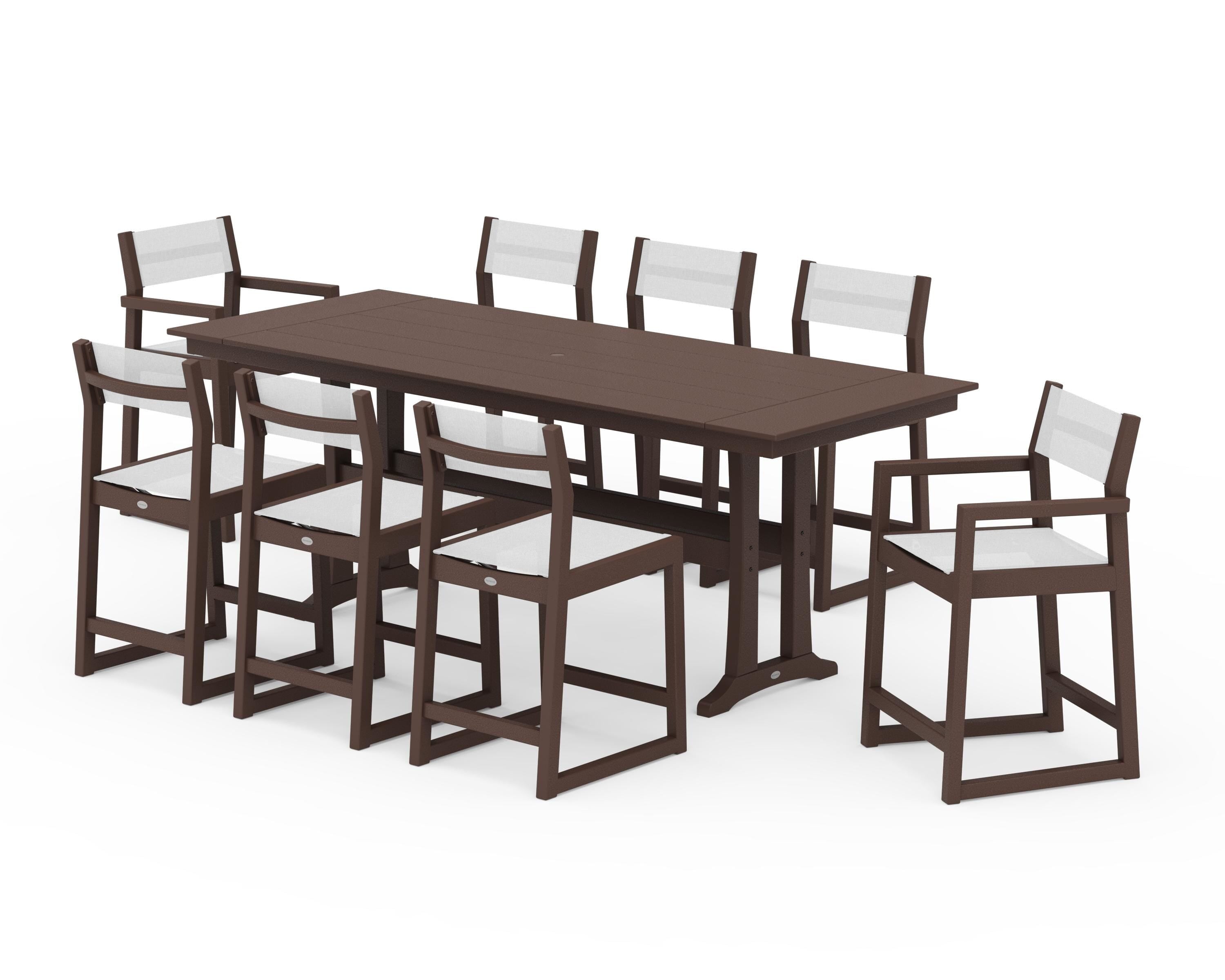 POLYWOOD EDGE Sling 9-Piece Farmhouse Counter Set with Trestle Legs in Mahogany / White Sling