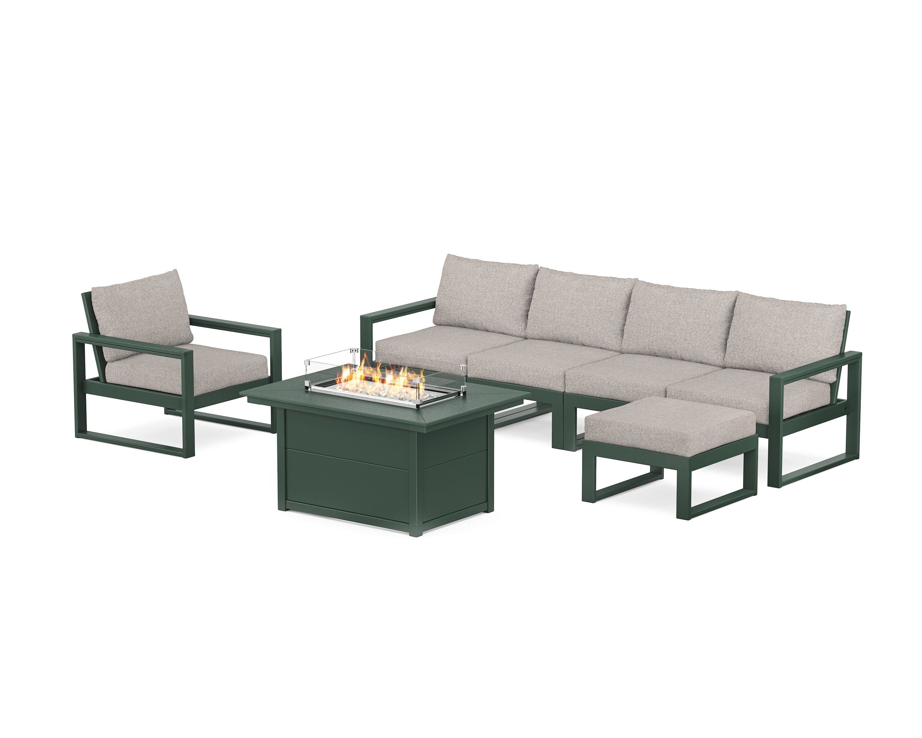 POLYWOOD EDGE Sectional Lounge and Fire Pit Set in Green / Weathered Tweed