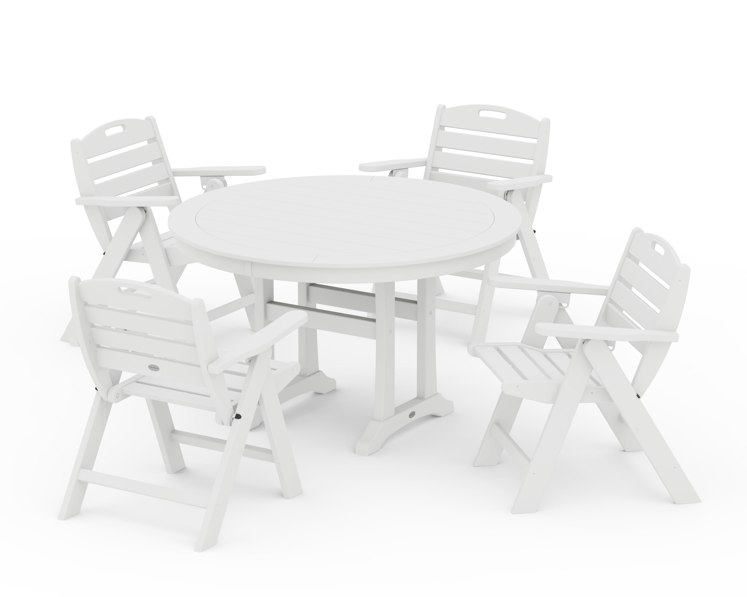 POLYWOOD Nautical Folding Lowback Chair 5-Piece Round Dining Set With Trestle Legs in White