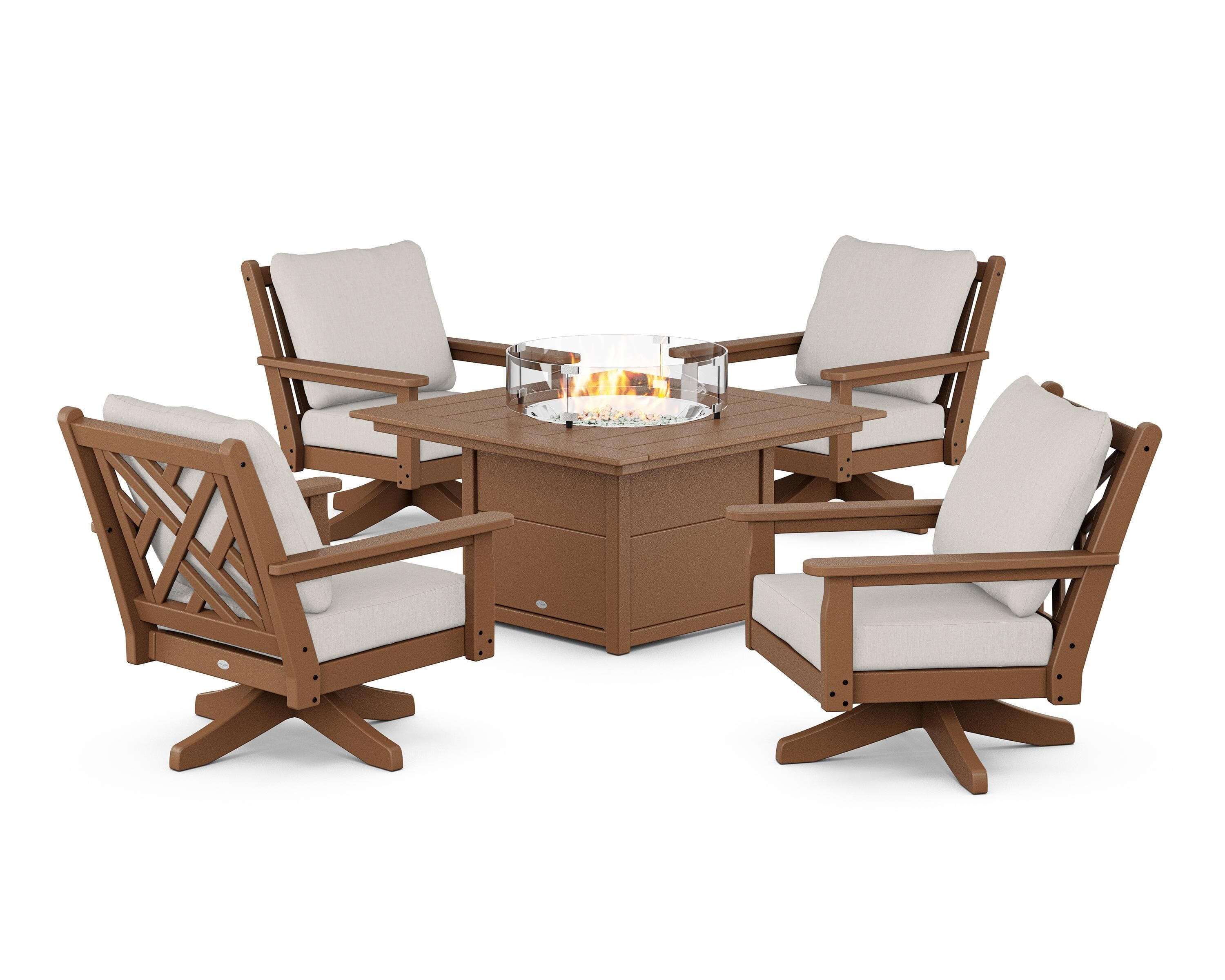 POLYWOOD Chippendale 5-Piece Deep Seating Swivel Conversation Set with Fire Pit Table in Teak / Cast Ash