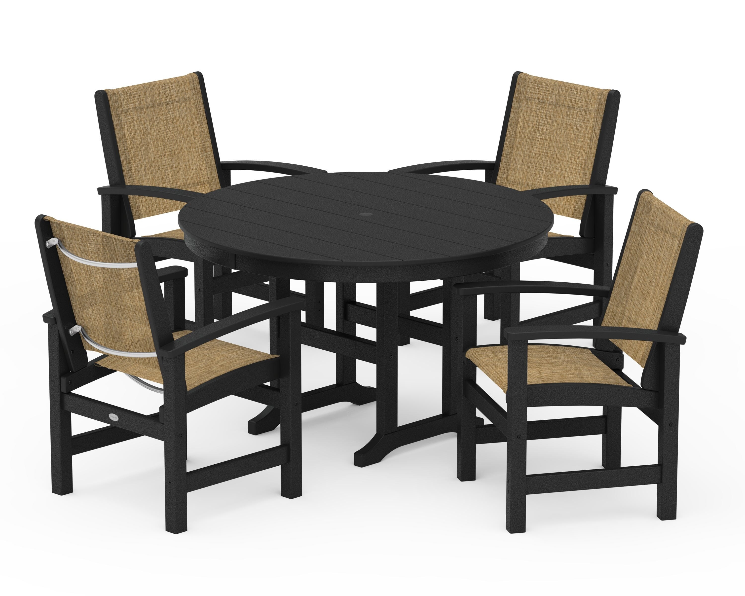 POLYWOOD Coastal 5-Piece Round Farmhouse Dining Set in Black / Burlap Sling