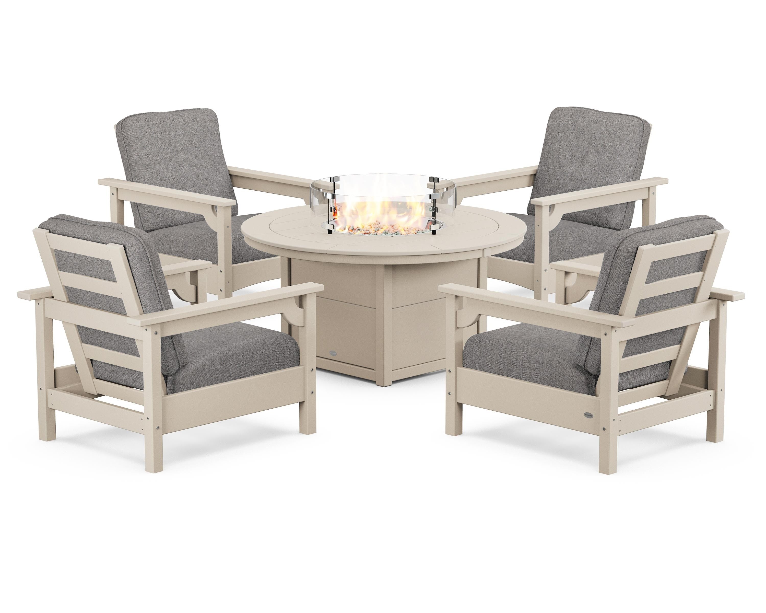 POLYWOOD Club 5-Piece Conversation Set with Fire Pit Table in Sand / Grey Mist