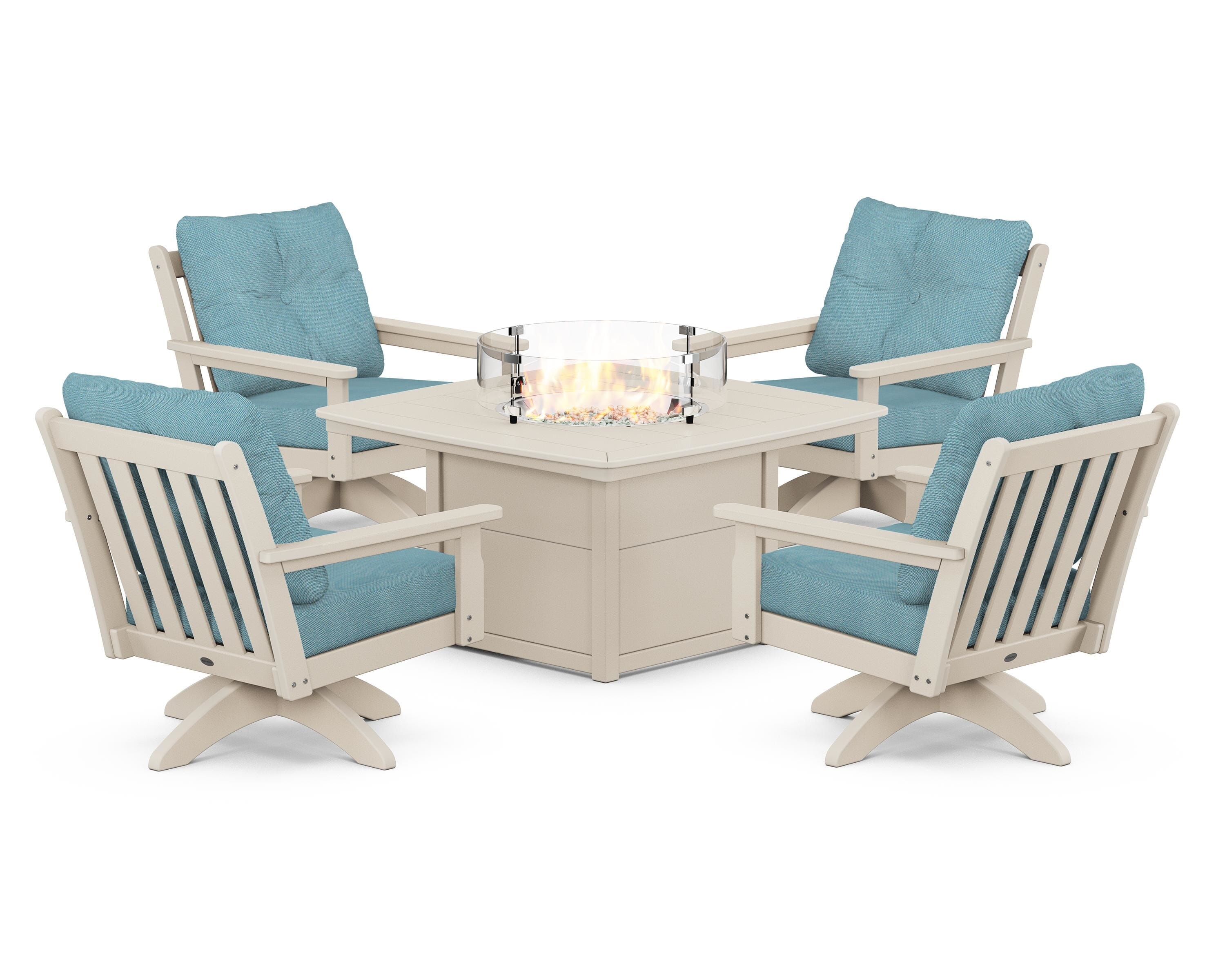 POLYWOOD Vineyard 5-Piece Deep Seating Swivel Conversation Set with Fire Pit Table in Sand / Lattice Sky Blue